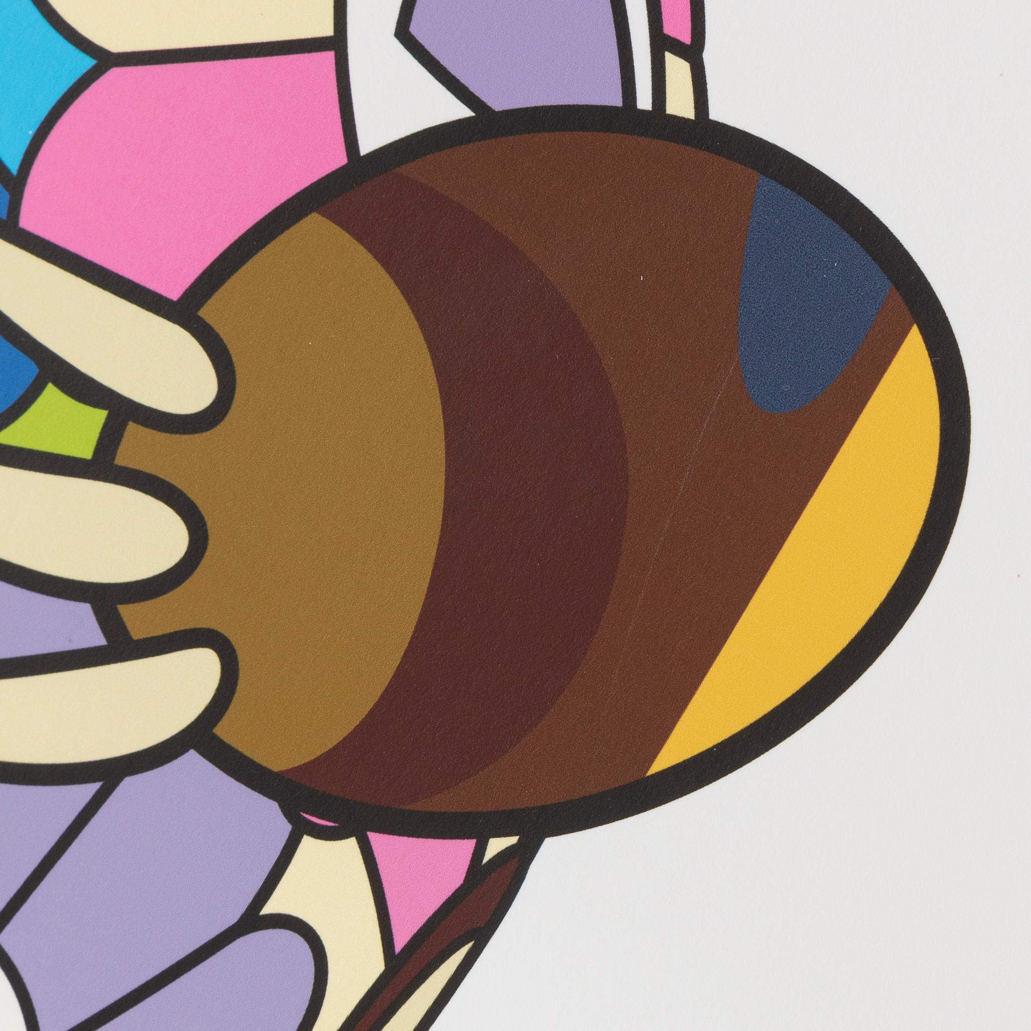 Ein Pandajunges, das einen Blumenball umarmt (Grau), Animal Print, von Takashi Murakami