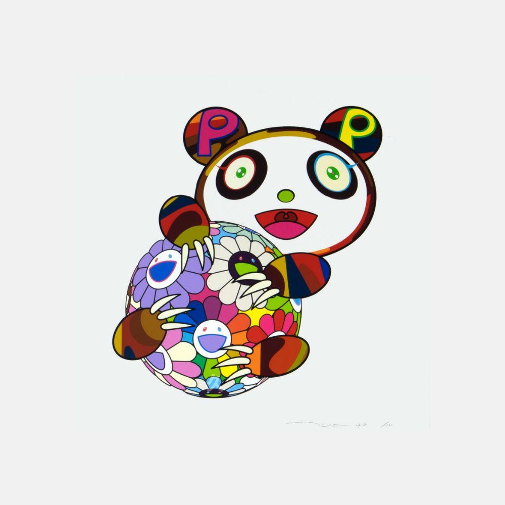 A Panda Cub Hugging a Ball of Flowers