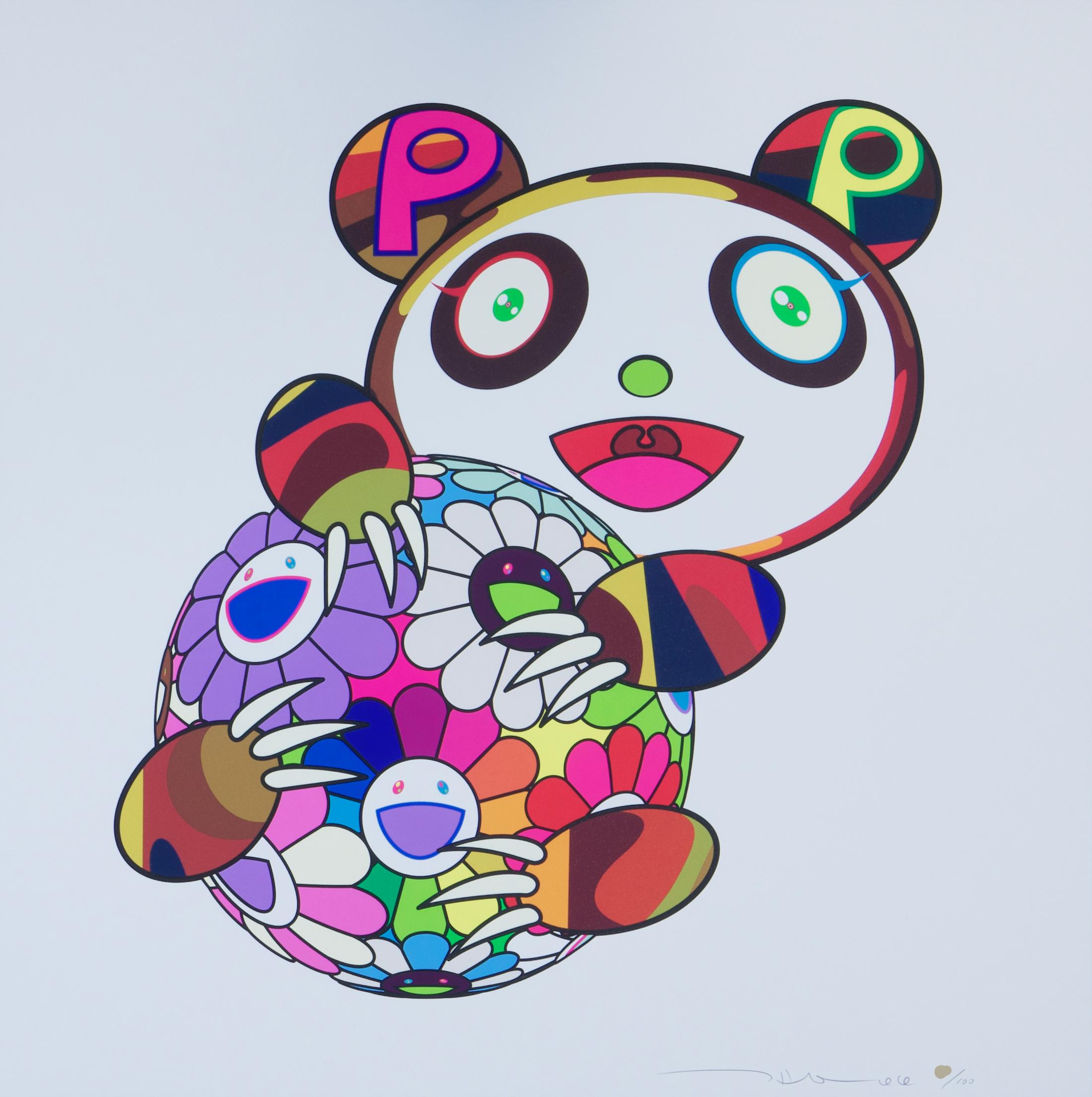 A Panda Cub Hugging a Ball of Flowers - Print by Takashi Murakami