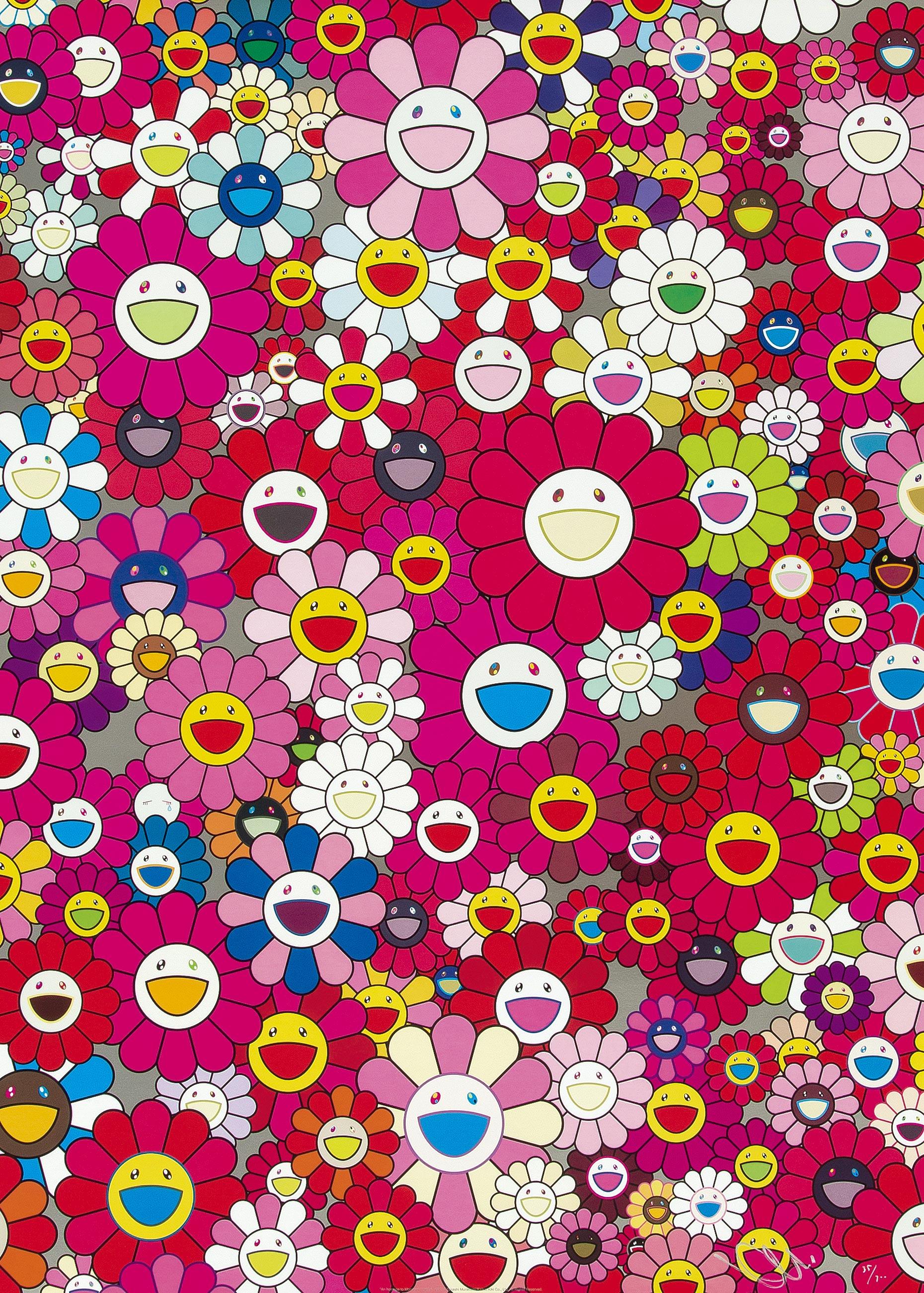 Eine Hommage an Monopink, 1960A, 2012 von Takashi Murakami
Offsetdruck, nummeriert und vom Künstler signiert
27 1/10 × 20 9/10 in
68.8 × 53 cm
Ausgabe  35/300

Takashi Murakami ist vor allem für seine zeitgenössische Kombination aus bildender Kunst