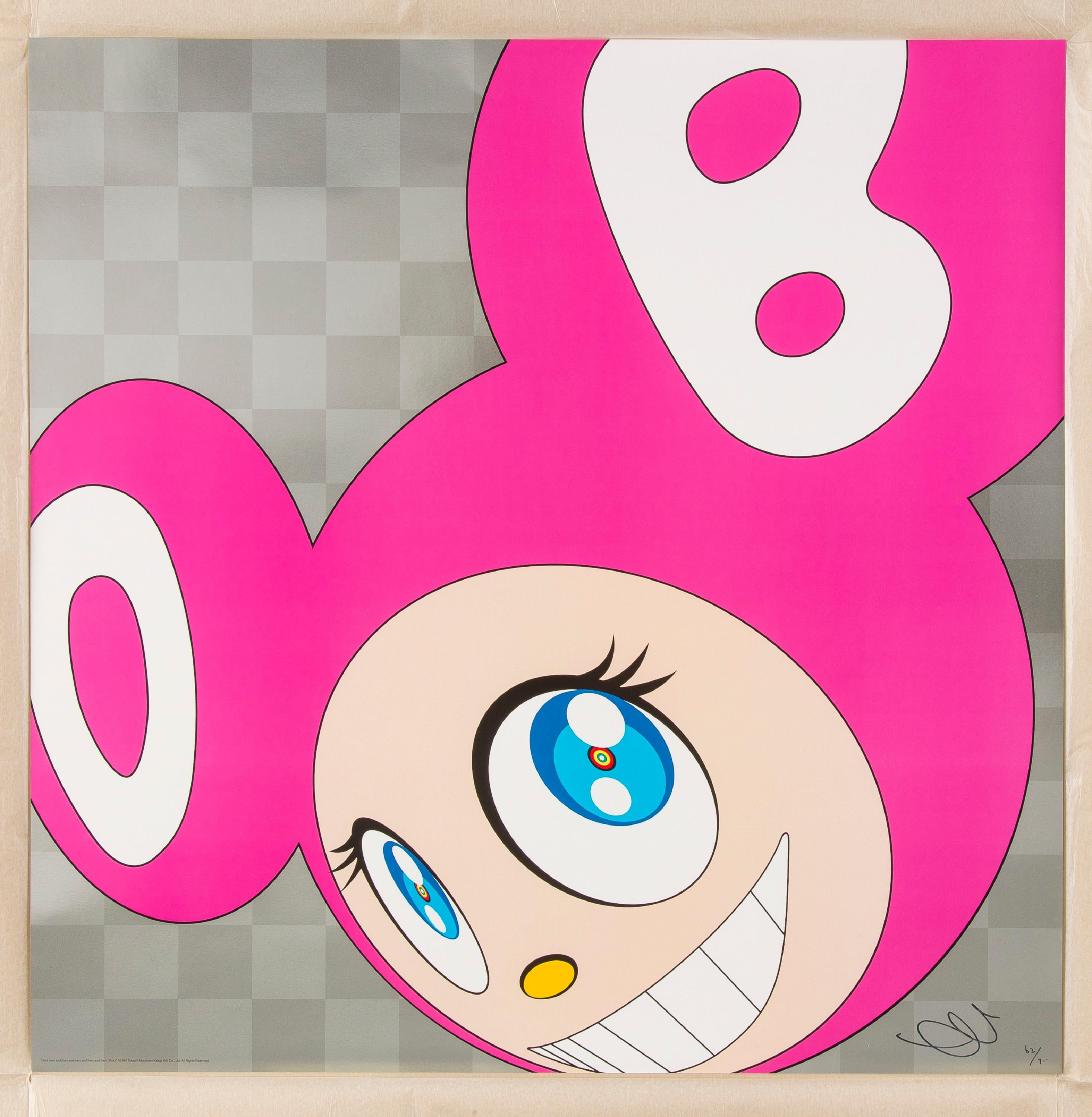 And Then and then and then and then and then (Pink), 1999 by Takashi Murakami
Offset print, in silver ink signed and numbered by the artist
26 4/5 × 26 4/5 in
68 × 68 cm
Edition 62/300

The design for Mr. DOB was inspired by several animated figures
