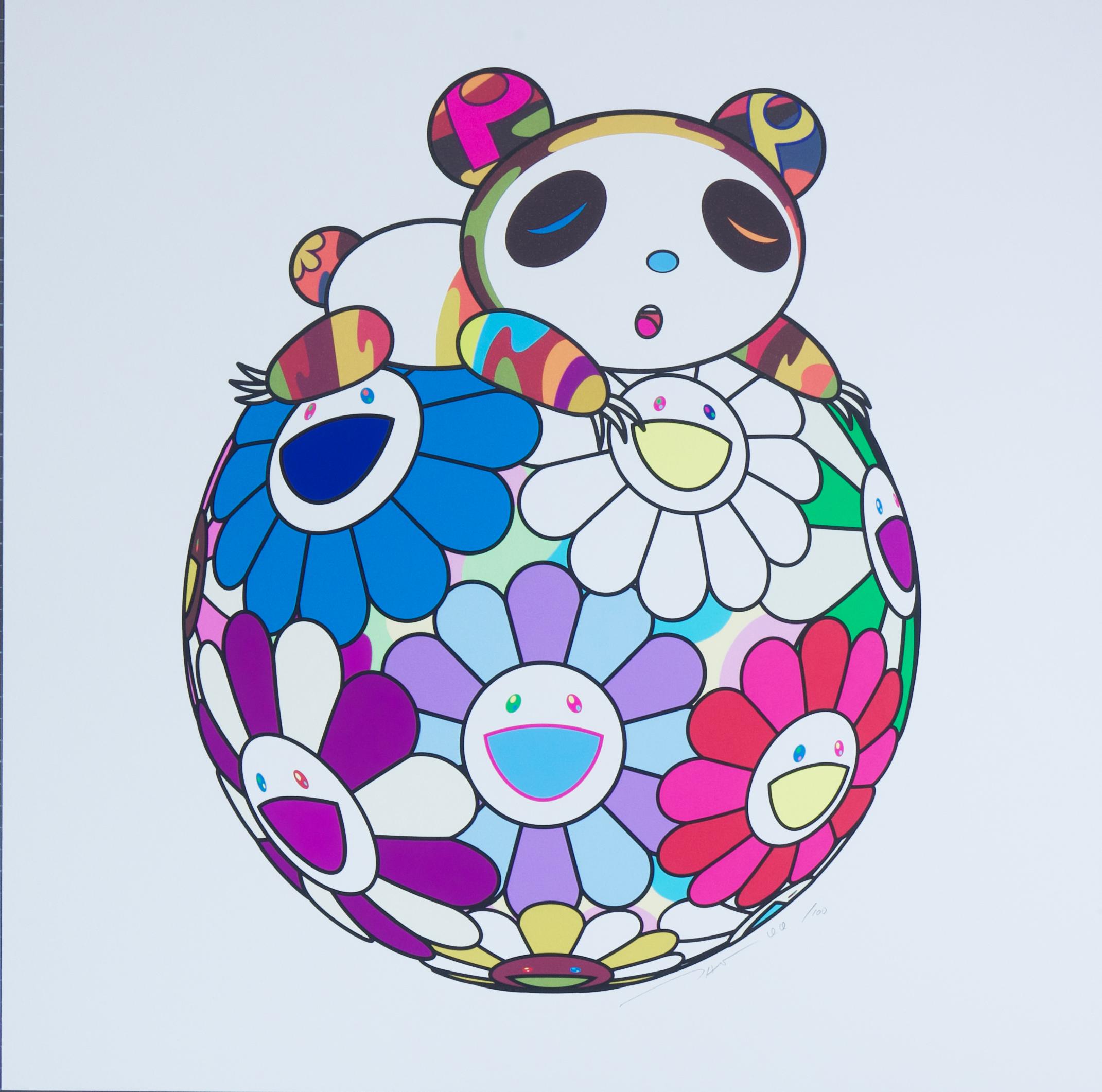 Atop a Ball of Flowers, a Panda Cub Sleeps Soundly  - Print by Takashi Murakami