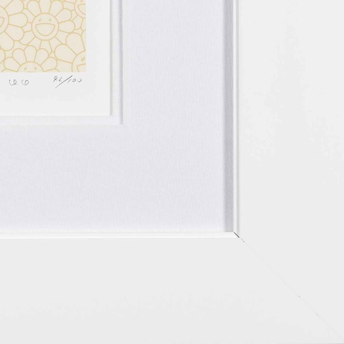 DOB 2020 Pearl Gold White est une lithographie artisanale sur papier, de format 14,5 x 14,5 pouces, signée et numérotée 42/100 en bas à droite. Encadré dans un cadre blanc contemporain.
