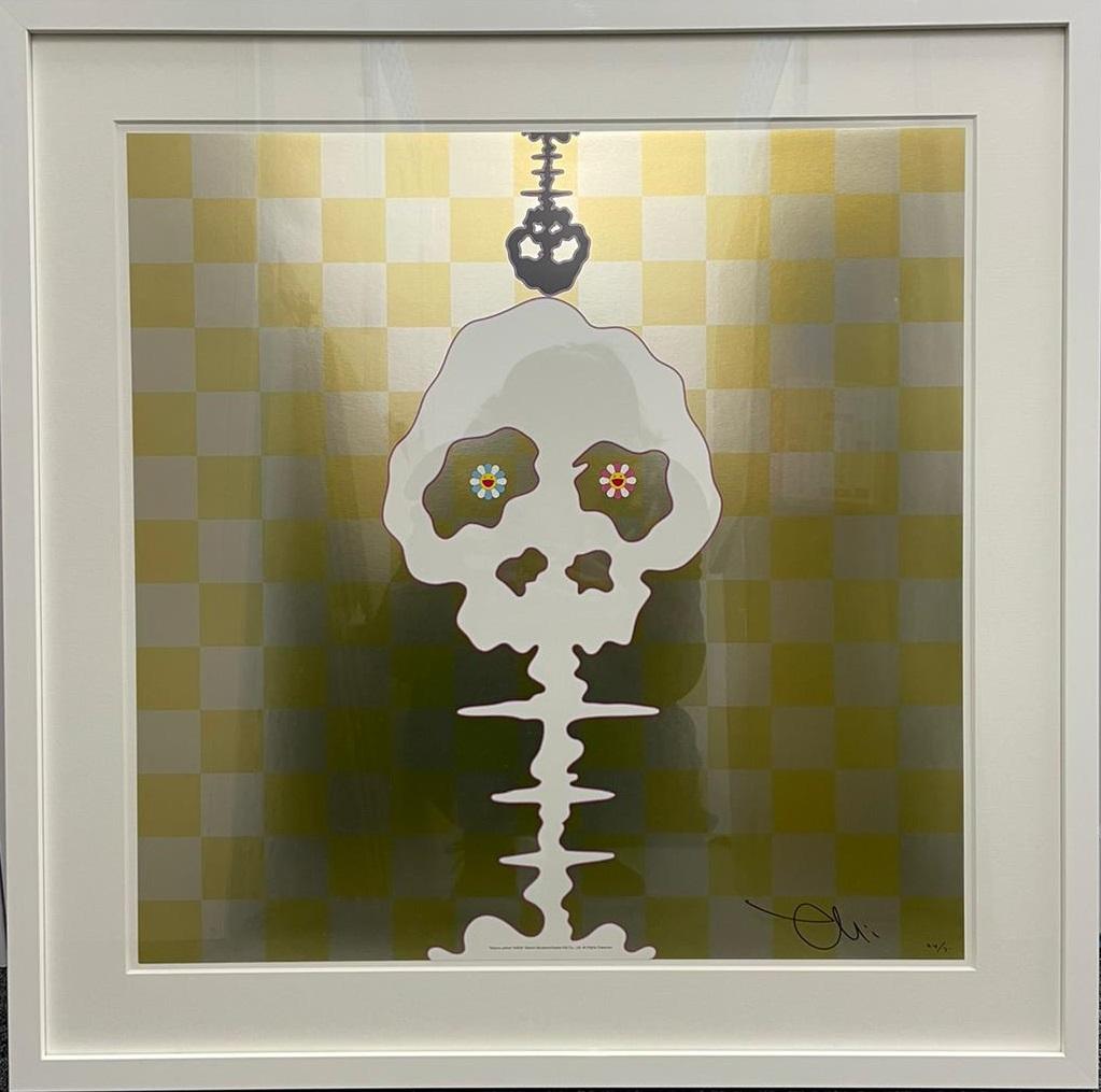 Dokuro (yellow), 2000 by Takashi Murakami
Offset print, numbered and signed by the artist
in gold and silver ink
19 11/16 × 19 11/16 in
50 × 50 cm
Edition  44/300

Dokuro (literally starving skeleton) are legendary creatures in Japan
