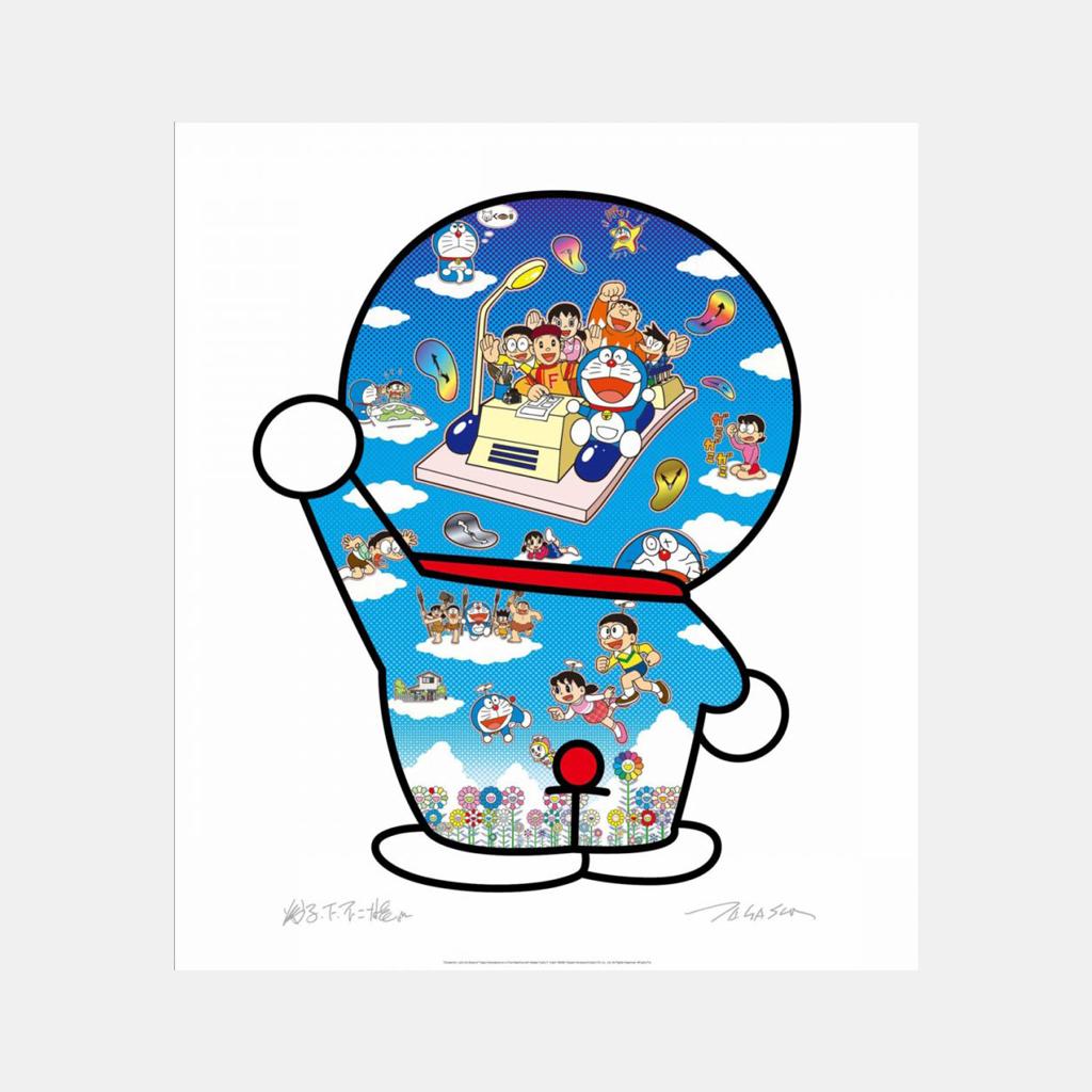 Print Takashi Murakami - Doraemon Let's Go Beyond These Dimensions sur une machine à temps avec le maître Fujiko F