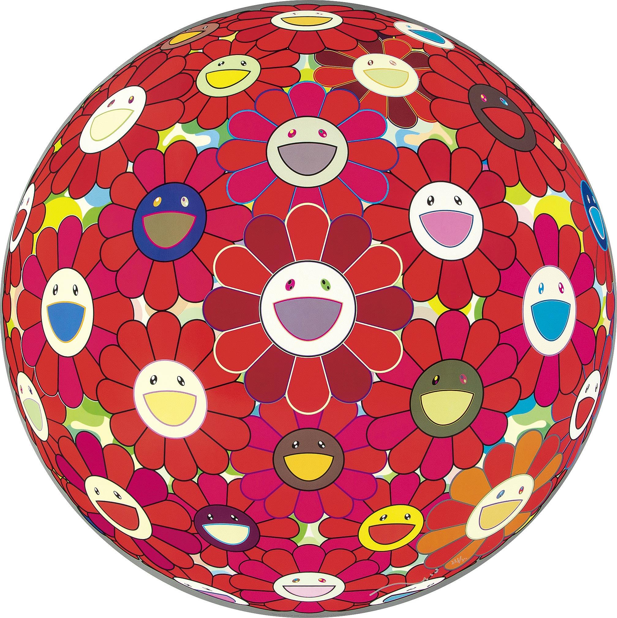 Takashi Murakami Figurative Print – Blumenball (3-D) Red Cliff Limitierte Auflage (Druck) von Murakami signiert, nummeriert