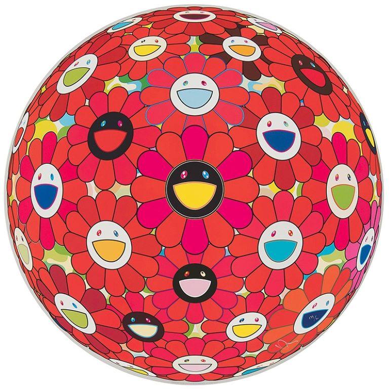Flowerball (3D) - Roter Ball, 2013 von Takashi Murakami
Gewebtes Papier, vierfarbiger Offsetdruck, Kaltfolienprägung, Glanzlack
Herausgegeben von Kaikai Kiki Co, Ltd. in Tokio
28 im Durchmesser
71 cm Durchmesser
Ausgabe 142/300

Takashi Murakami ist