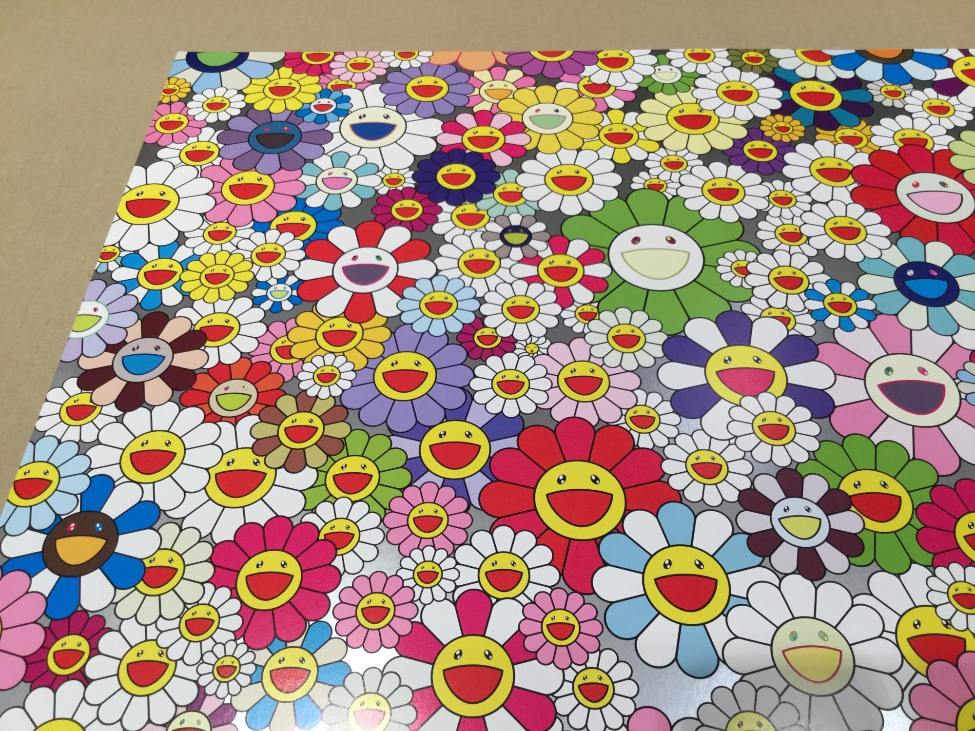 Flowers, Flowers, Flowers  (2010) by Takashi Murakami
Offset print 
Hand signed and numbered by the artist
Published by Kaikai Kiki Co., Ltd., Tokyo
68 × 68 cm
Edition 200/300

Takashi Murakami is best known for his contemporary combination of fine