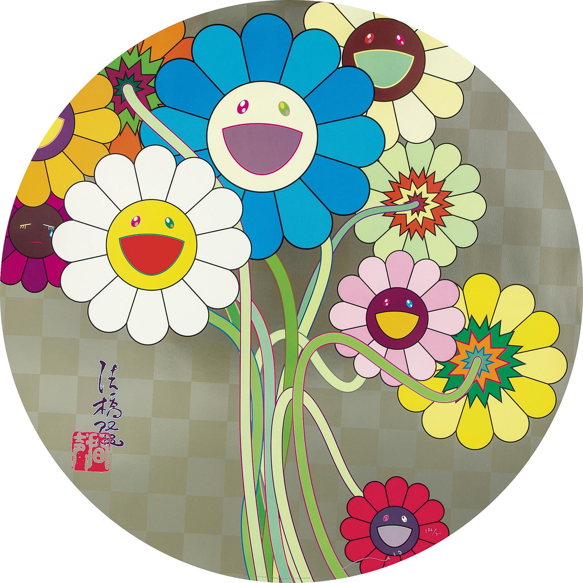 Flowers for Algernon
2009 by Takashi Murakami
Offset print, cold stamp and high gloss varnishing with silver ink
signed, numbered and stamped by the Artist
27 7/8 in diameter
71 cm diameter
Edition  132/300

Takashi Murakami is best known for his