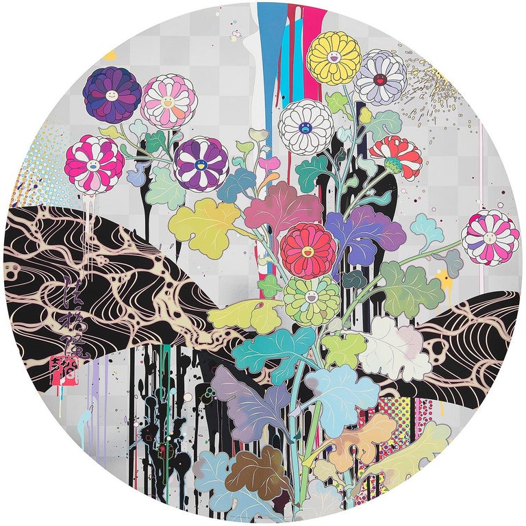 Kansei: Like The River's Flow
2010 by Takashi Murakami
Offset print, cold stamp and high gloss varnishing with silver ink
signed, numbered and stamped by the Artist
27 7/8 in diameter
71 cm diameter
Edition  34/300

Takashi Murakami is best known