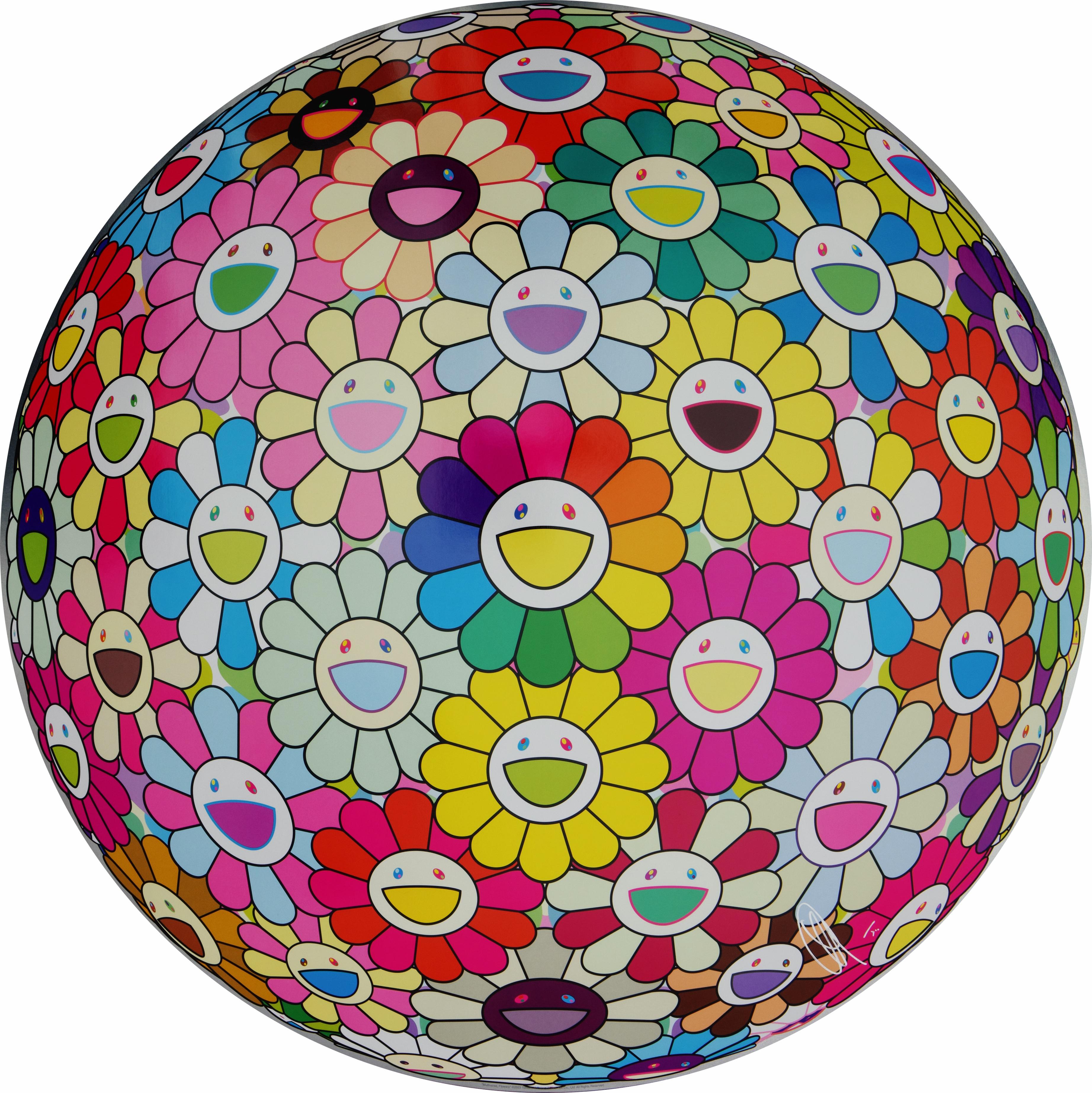 Artist: Takashi Murakami
Title: Multiverse, Flowers
Year: 2023
Edition: 300
Size: 710mm / 27.45"
Medium: Offset print, cold stamp and high gloss varnishing
This is hand signed and numbered by Takashi Murakami.

Takashi Murakami's Flowerballs are
