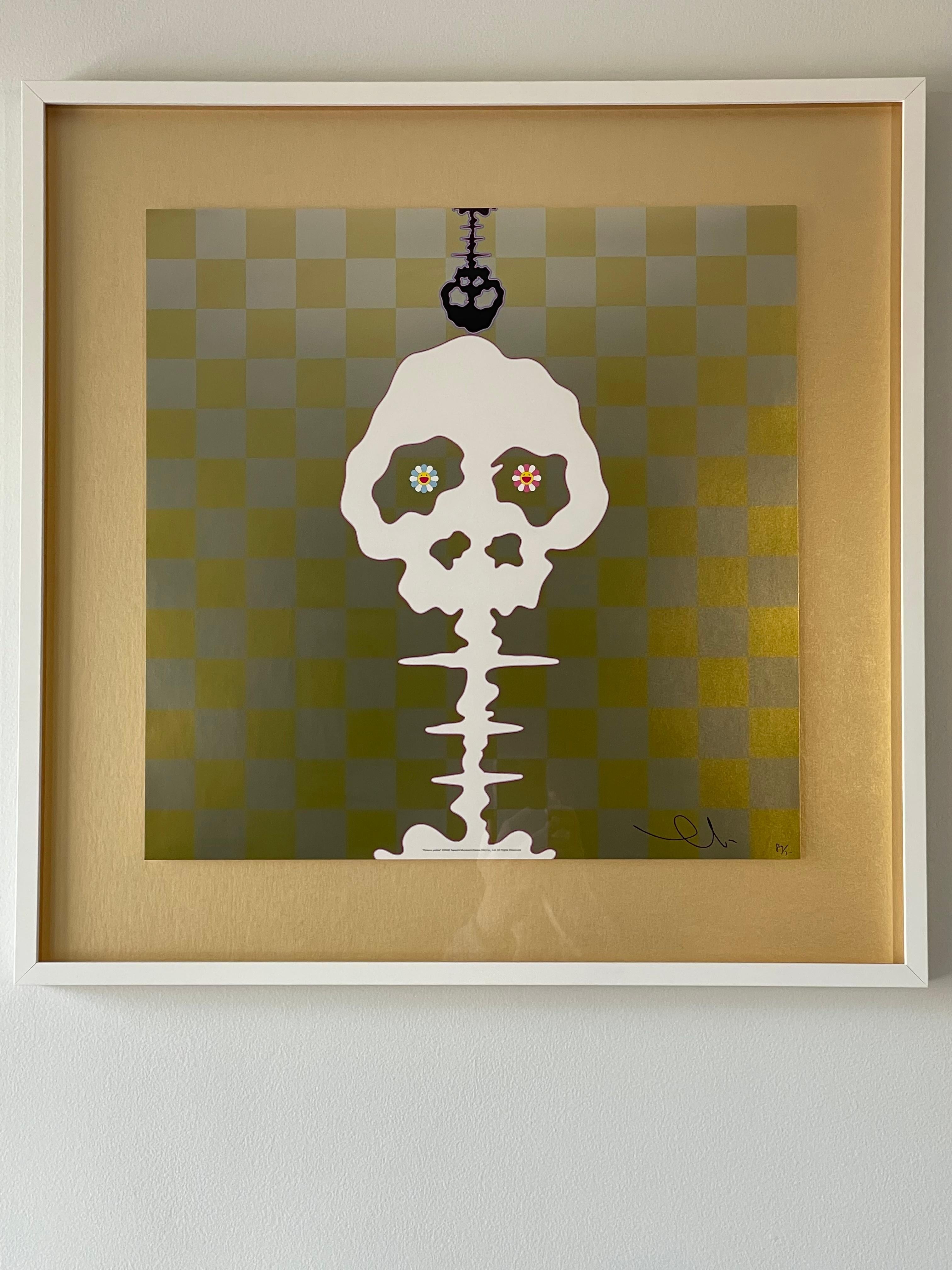 Title: Dokuro Yellow (Gold) - Silver backing
Edition: 300
Signed, numbered, edition 132/ 300. 
Print Size: 500 x 500 mm / 19.6 x 19.6 in.
Medium: Offset print 
Publisher: Kaikai Kiki Co. Ltd., Made in Japan
Brand new
Framed: 27.3 x 27.3 x 1.5 in.
