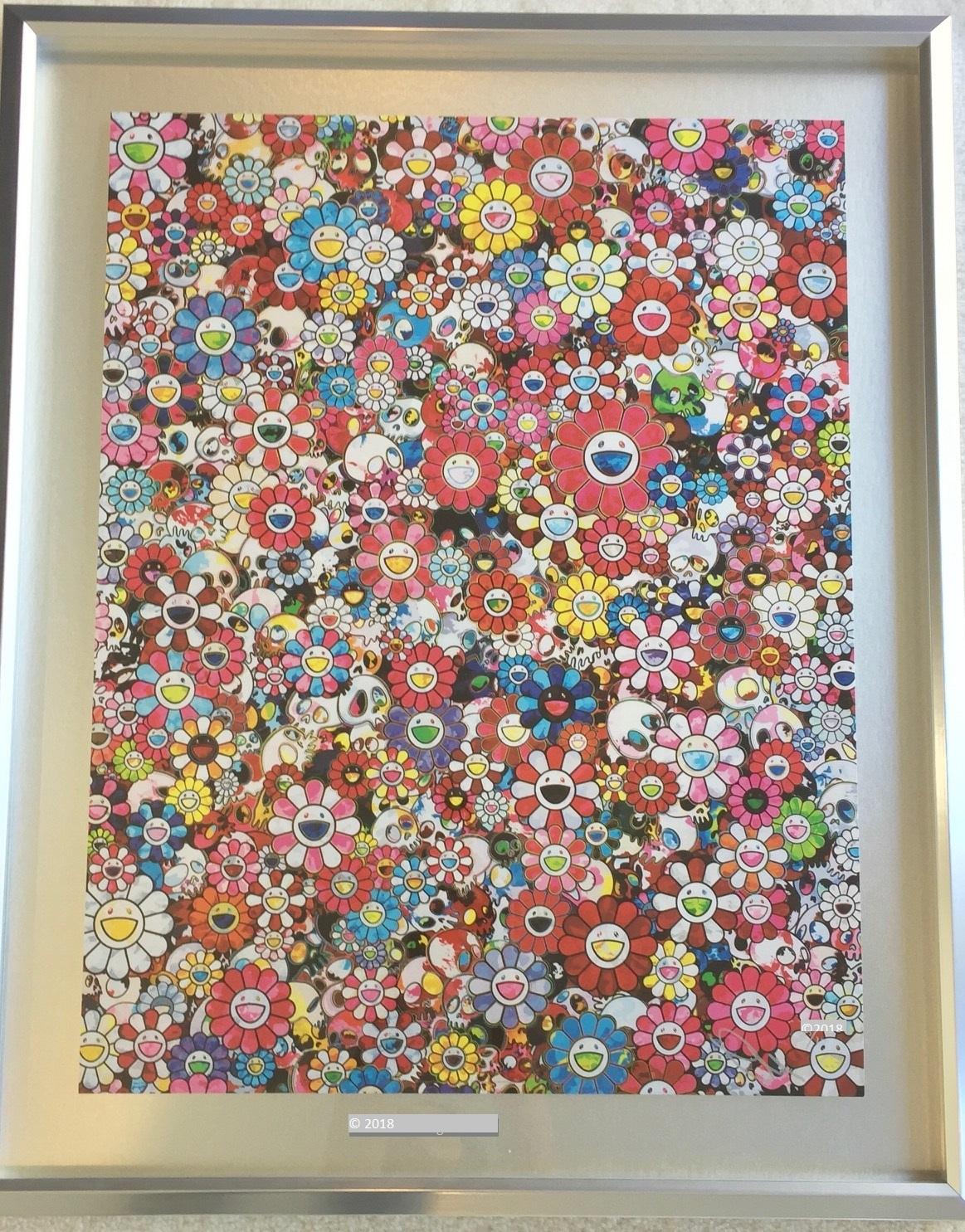 Takashi Murakami Abstract Print - Murakami print of iconic flowers and skulls, red - print unframed - only 1 left