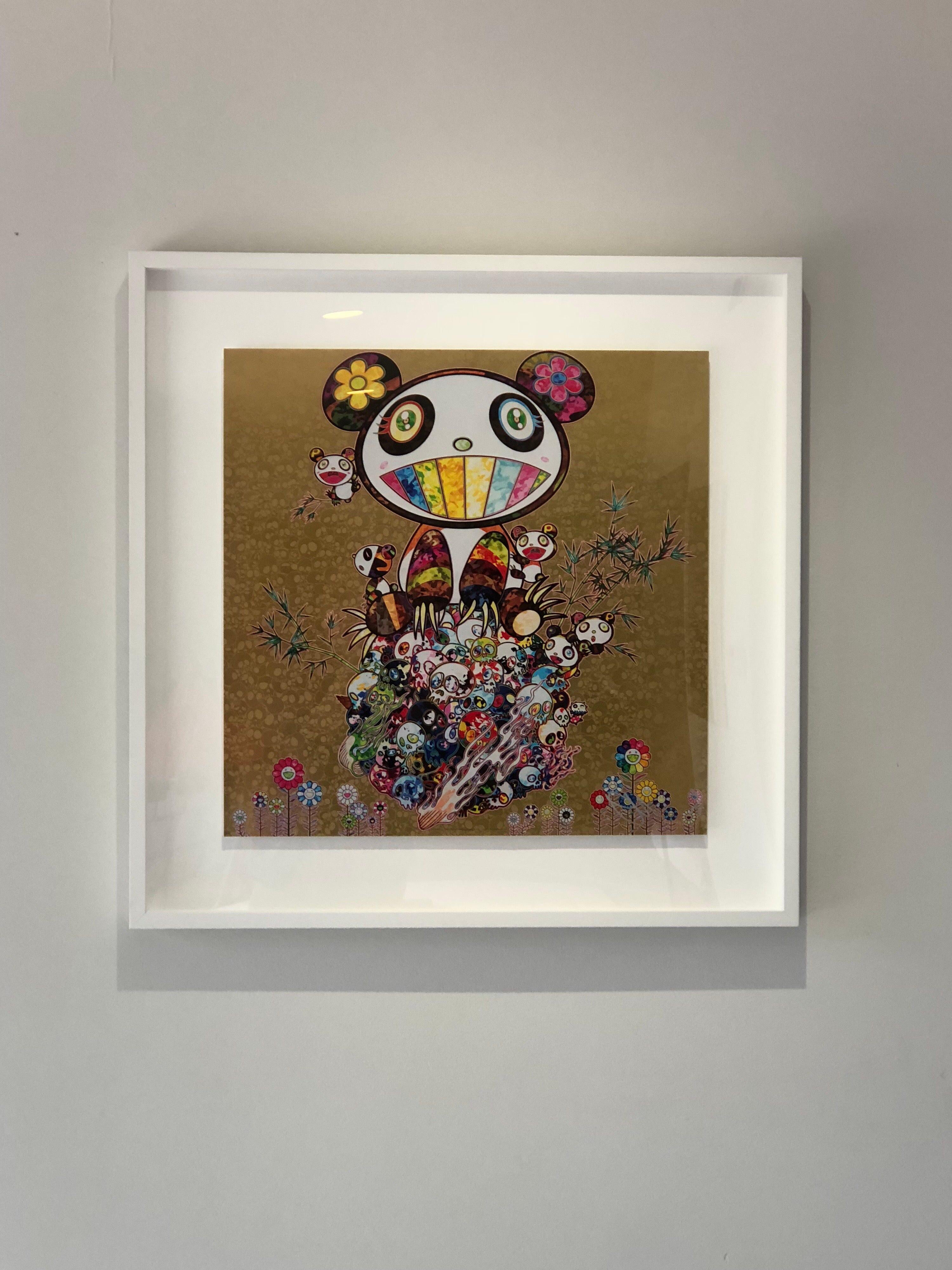 This is an original Murakami print. Sold unframed. Brand new. Handsigned and numbered out of 300 editions. Buyer protection by both 1stdibs and gallery. 
Last one from our inventory.

Photo of gold panda illustrate an example of a framed