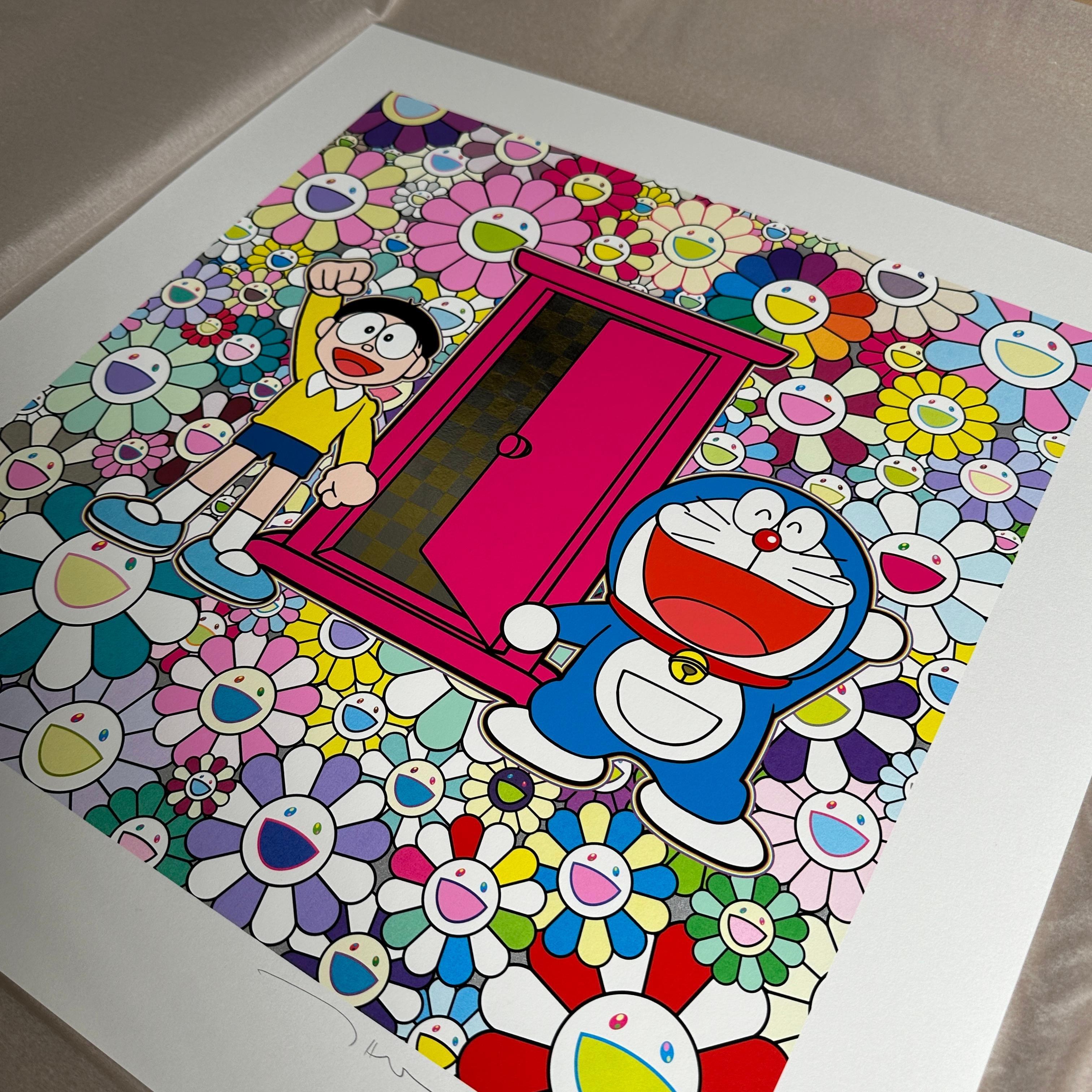 Artist: Takashi Murakami
Title: Nobita and Doraemon Amidst the Flowers
Year: 2023
Edition: 100
Size: 400 x 400mm (image size) / 500 x 500mm (sheet size)
Medium: Silkscreen with gold leaf and platinum leaf

This is hand signed by Takashi