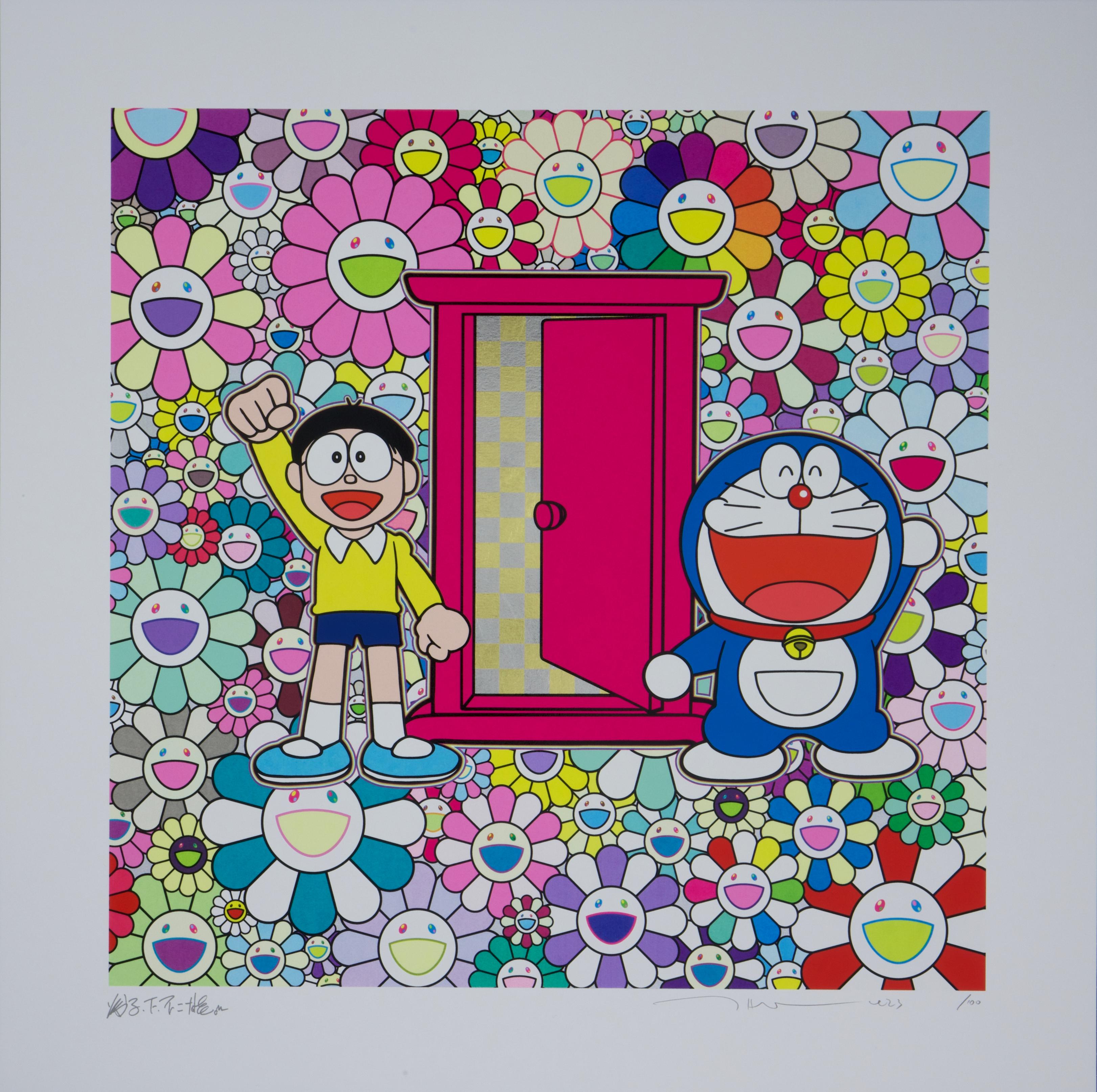 Nobita and Doraemon Amidst the Flowers (Doraemon, Murakami, Gold, Platinum) - Print by Takashi Murakami