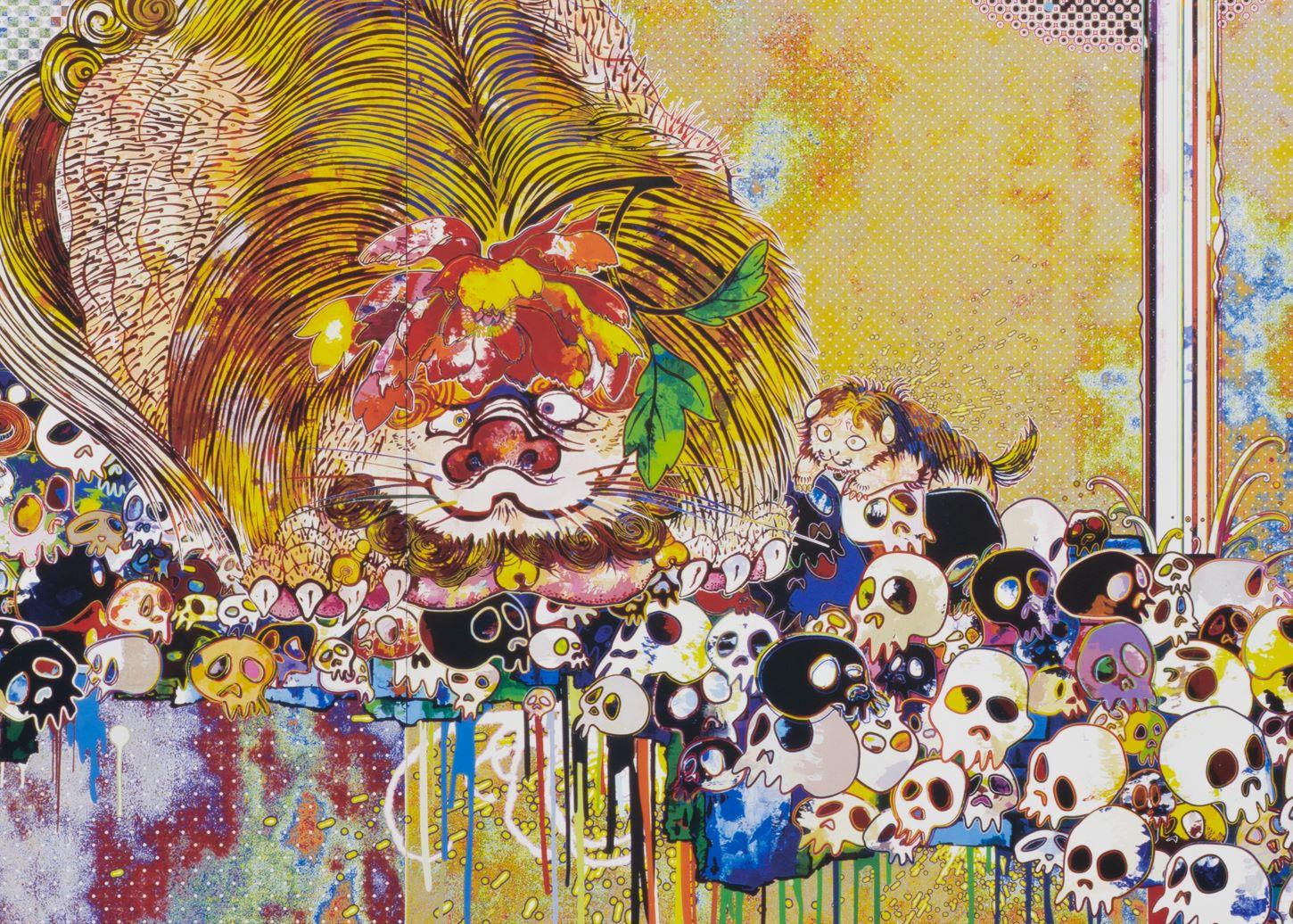 Murakami's epic 'Of Chinese Lions, Peonies, Skulls and Fountains' is a large-format offset lithograph based on a painting from 2011 - image size 28 x 55.25 inches and framed size 41.5 x 68.5 inches. From the edition of 300, signed lower right and