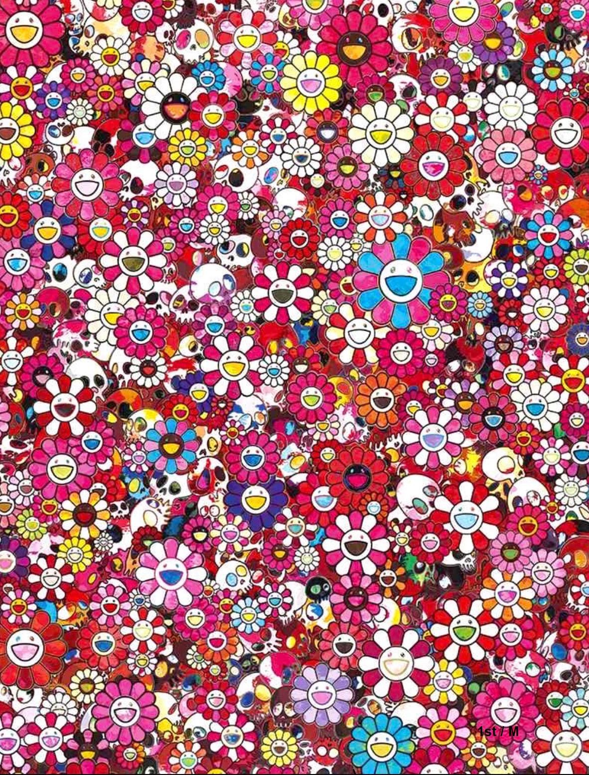 Takashi Murakami Abstract Print - Offset print - Skulls and Flowers Red 2013 - sold framed (or unframed)