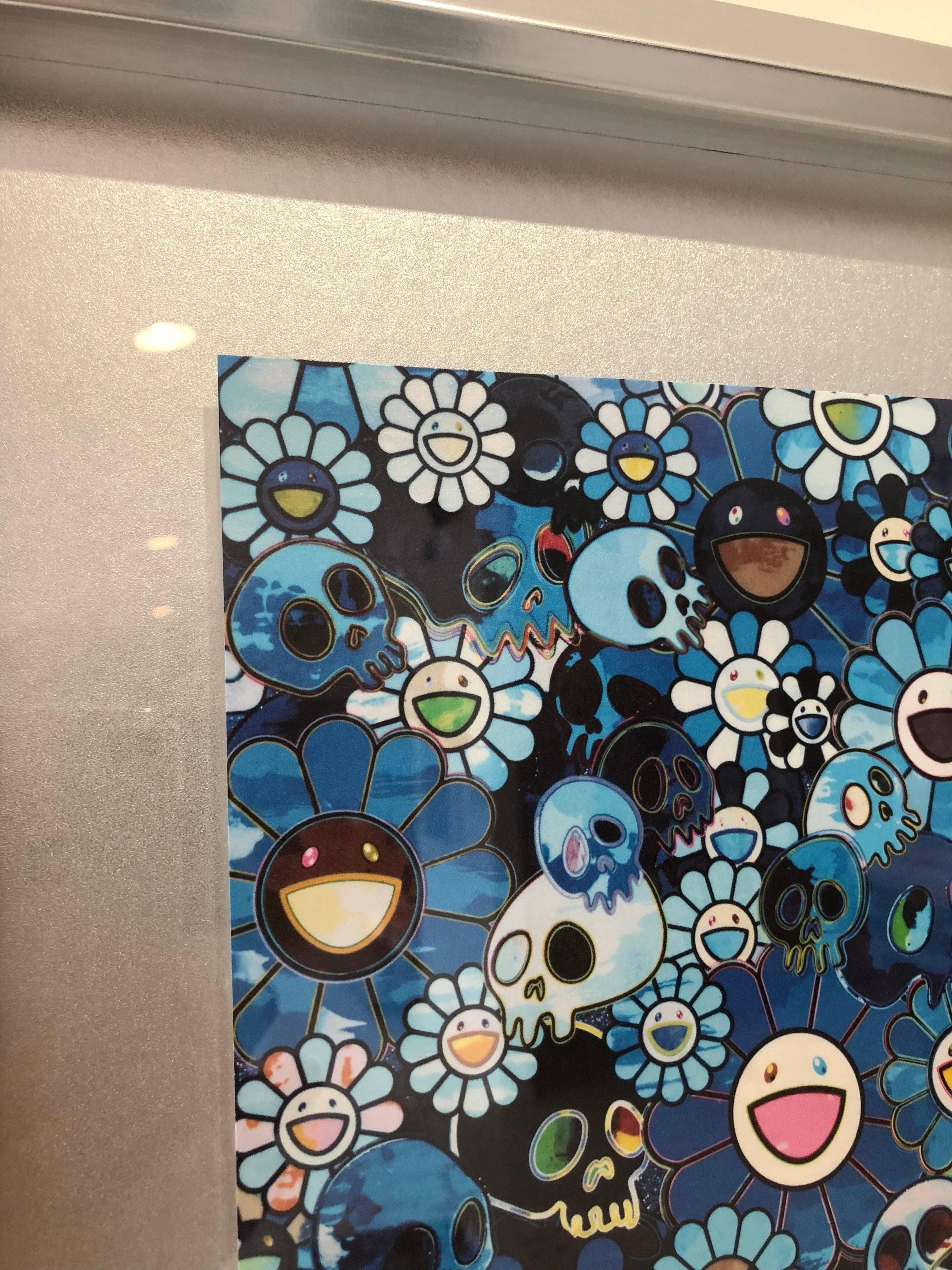 Offset print with Flowers and Skulls in blue, sold framed - Print by Takashi Murakami