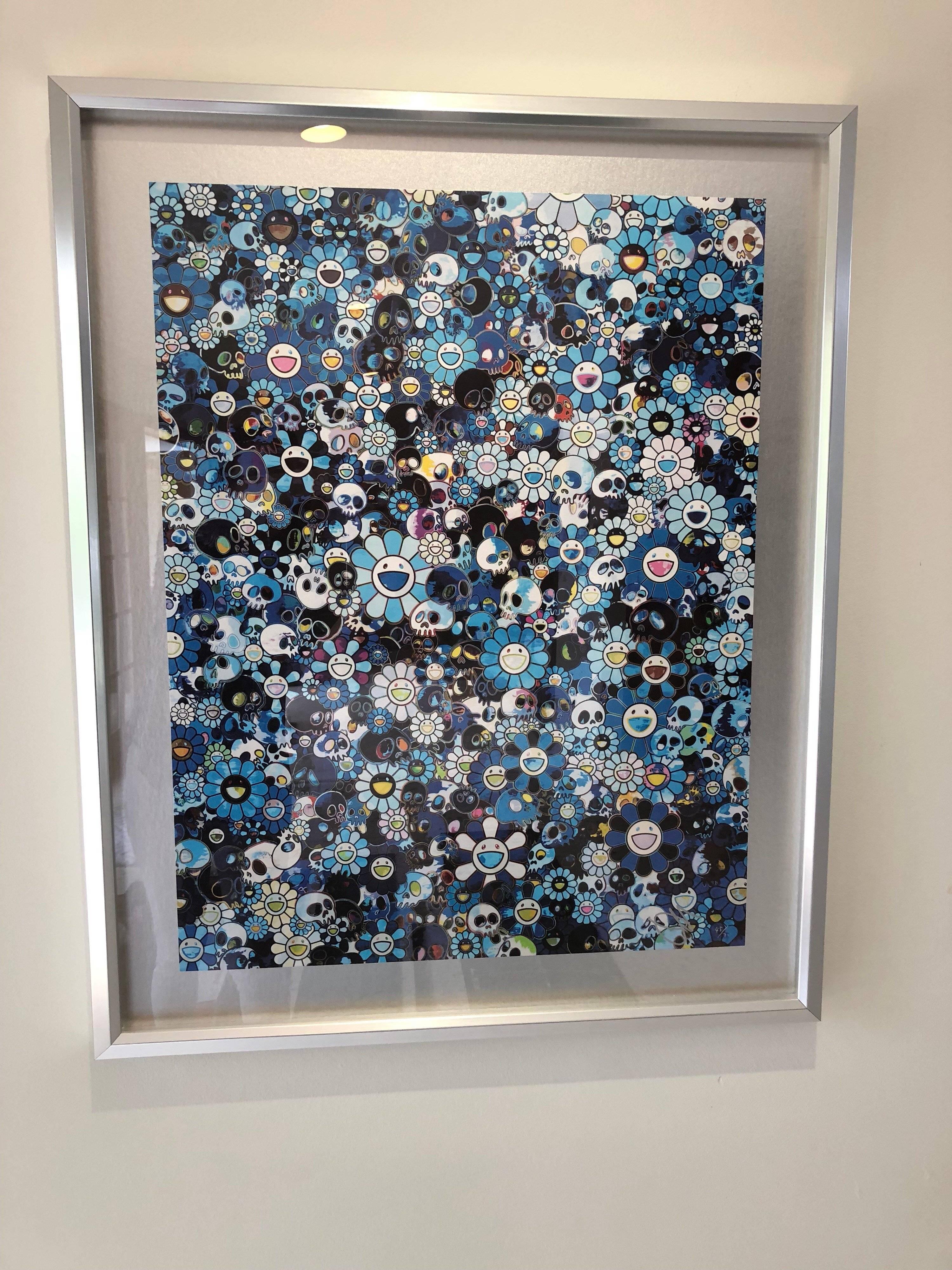 Takashi Murakami Figurative Print - Offset print with Flowers and Skulls in blue, sold framed