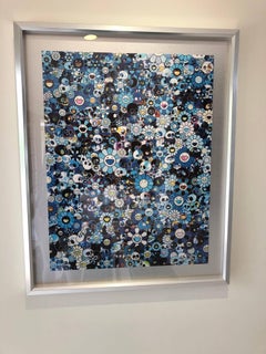 Offset print with Flowers and Skulls in blue, sold framed