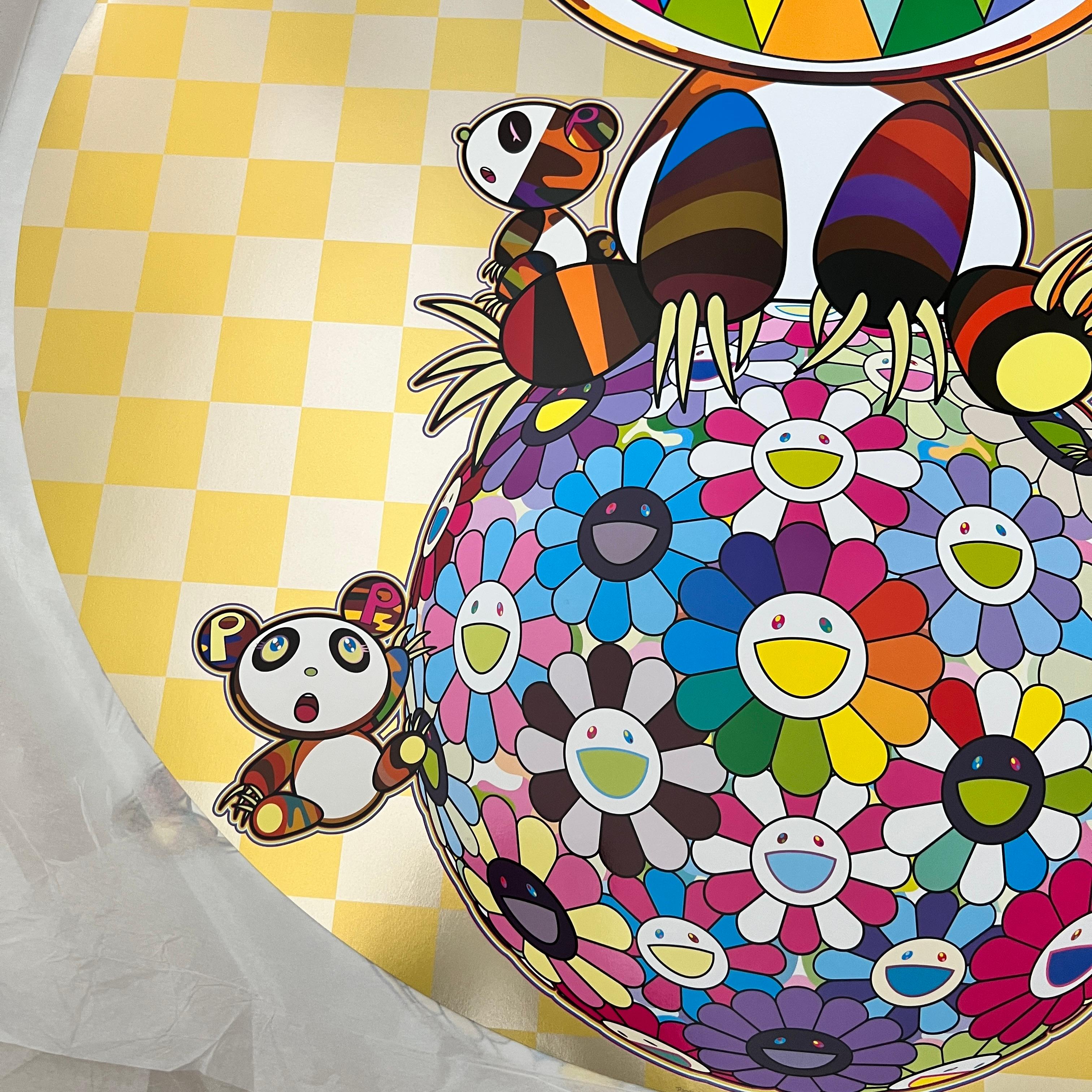Artist: Takashi Murakami
Title: Panda, Panda cubs and flower ball
Year: 2020
Edition: 300
Size: 710mm Φ 
Medium: Offset print, cold stamp and high gloss varnishing

This is hand signed by Takashi Murakami.

Note: This will be shipped from Japan so