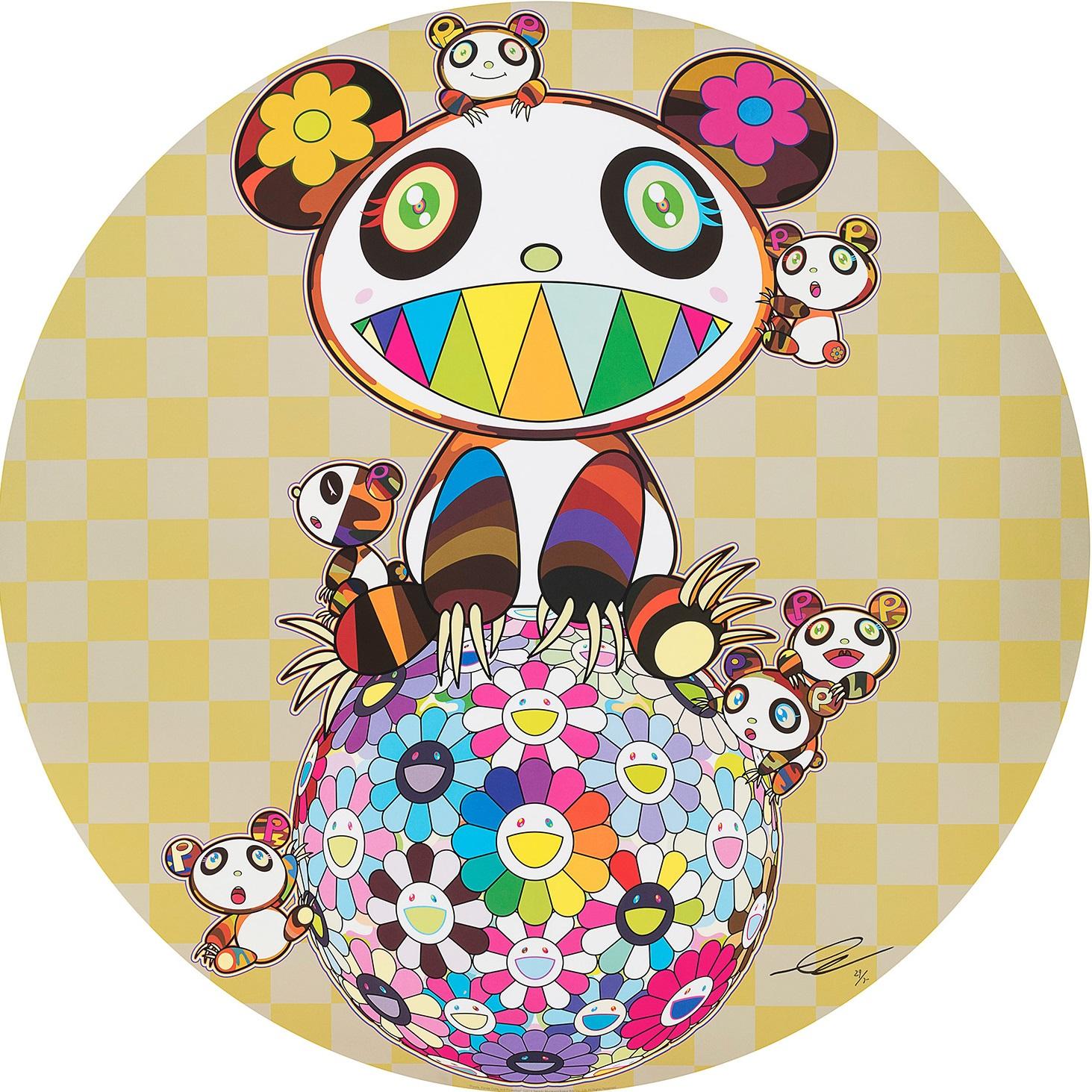 Takashi Murakami Figurative Print - Panda, Panda Cubs, and Flowerball (2019). Print by Murakami signed, framed