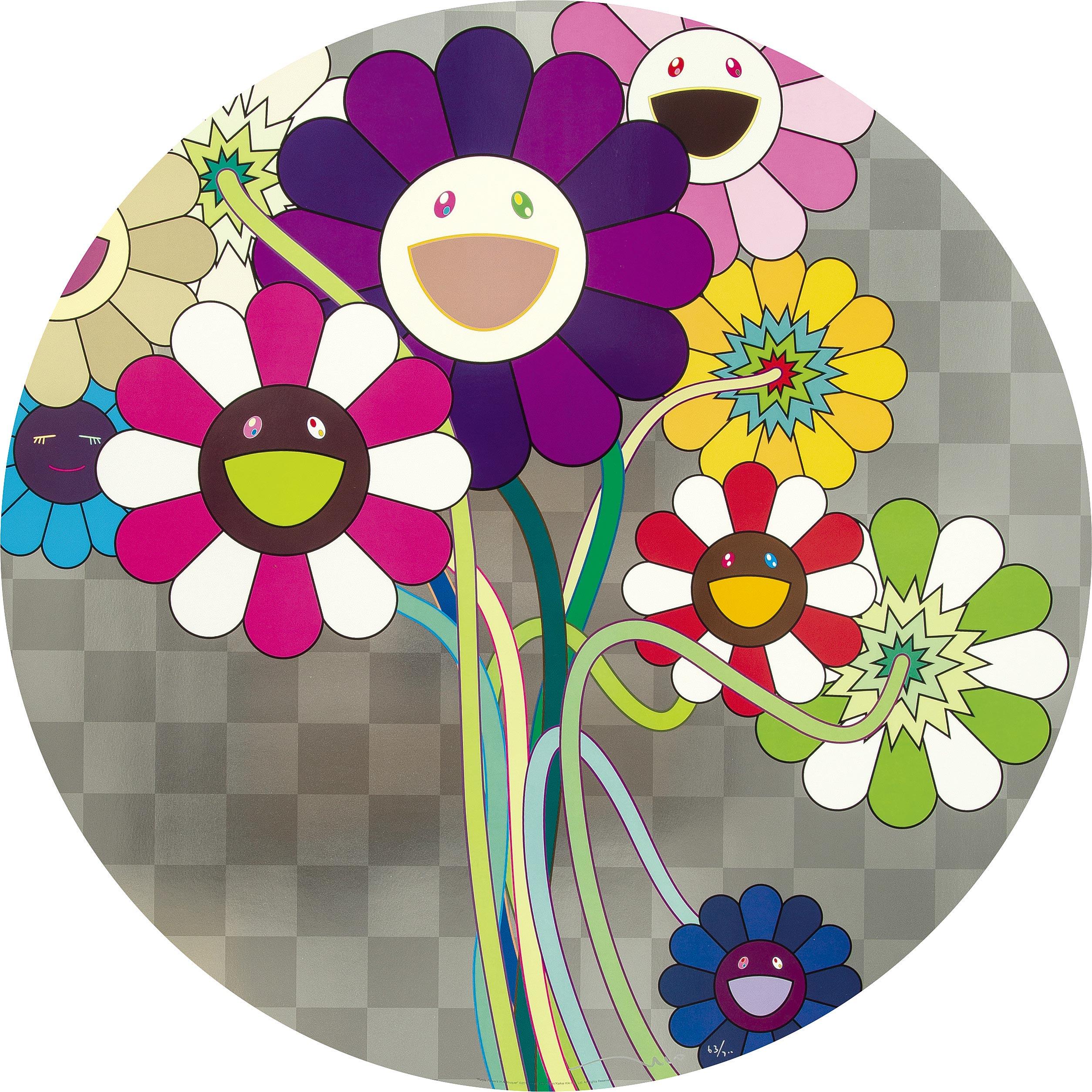 Purple flowers in a bouquet (2010) by Takashi Murakami
Woven paper offset print, cold foil stamp, glossy varnish
Published by Kaikai Kiki Co., Ltd., Tokyo
28 in diameter
71 cm diameter
Edition 63/300

Takashi Murakami is best known for his