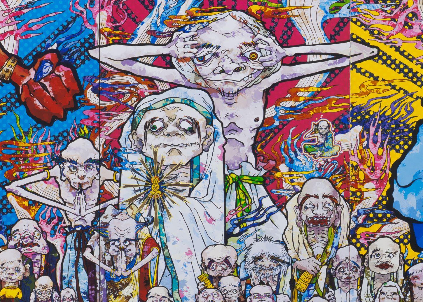 Red Demon and Blue Demon with 48 Arhats - Gray Figurative Print by Takashi Murakami