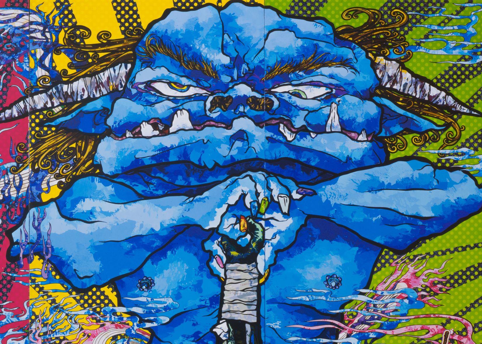 'Red Demon and Blue Demon with 48 Arthats' is a large-format offset lithograph by Takashi Murakami, image size 28 x 46.5 inches and framed size 37.5 x 56 inches. From the edition of 300, signed lower right and numbered 191/300. Framed in a