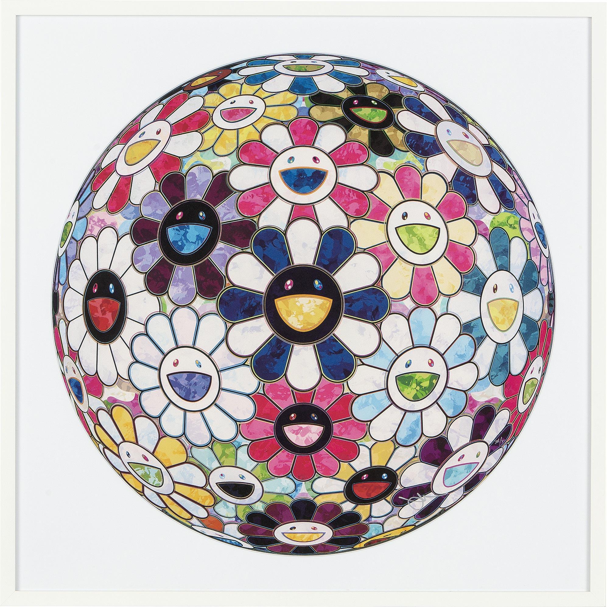 Right there, the breadth of the human heart
2013 by Takashi Murakami
Offset print, cold stamp and high gloss varnishing 
signed, numbered and stamped by the Artist
27 7/8 in diameter
71 cm diameter
Edition  201/300

Takashi Murakami is best known