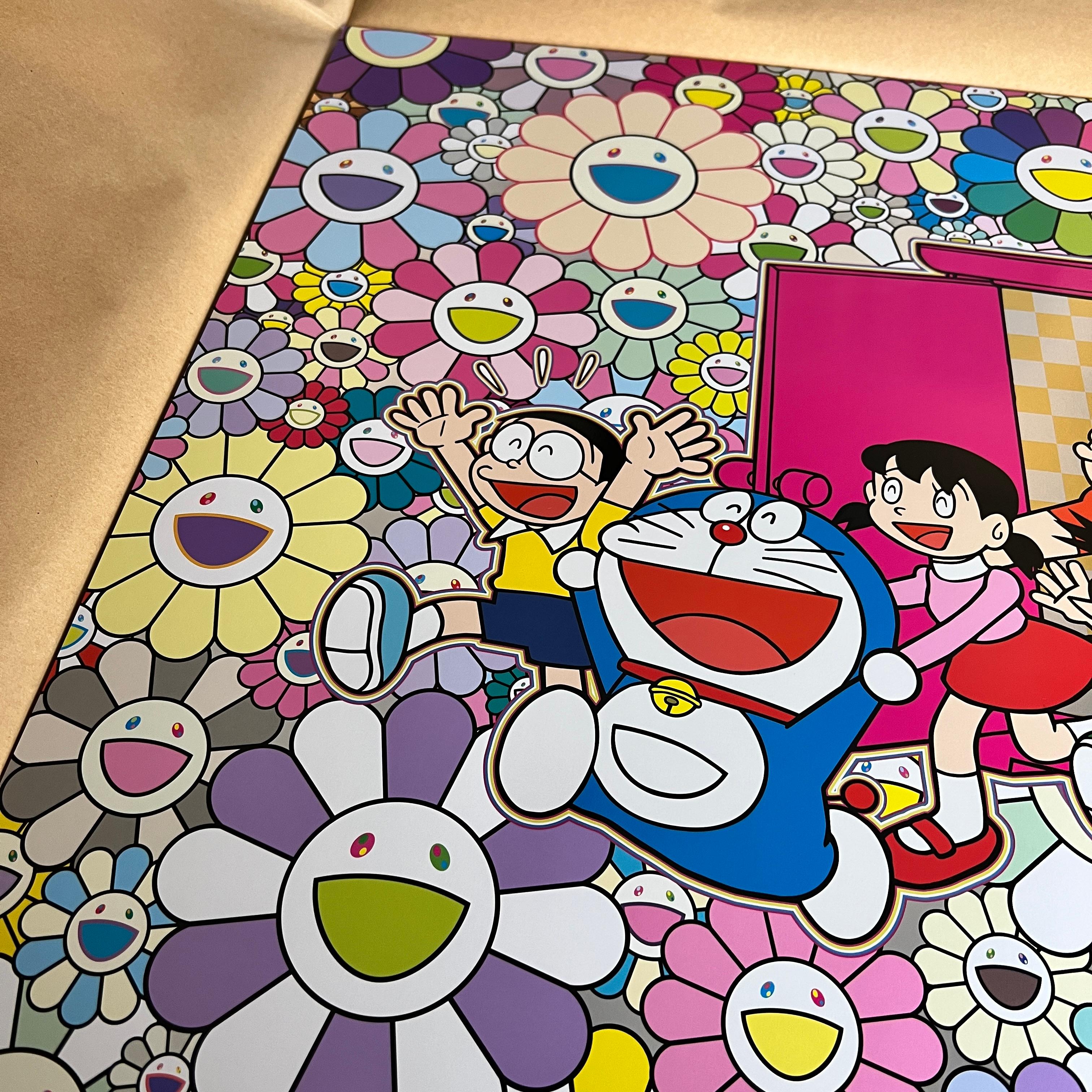 Artist: Takashi Murakami
Title: Saved by Dokodemo Door (Anywhere Door)
Year: 2021
Edition: 300
Size: 600 × 600 mm
Medium: Offset print, cold stamp and high gloss varnishing

This is hand signed by Takashi Murakami.

Note: This will be shipped from