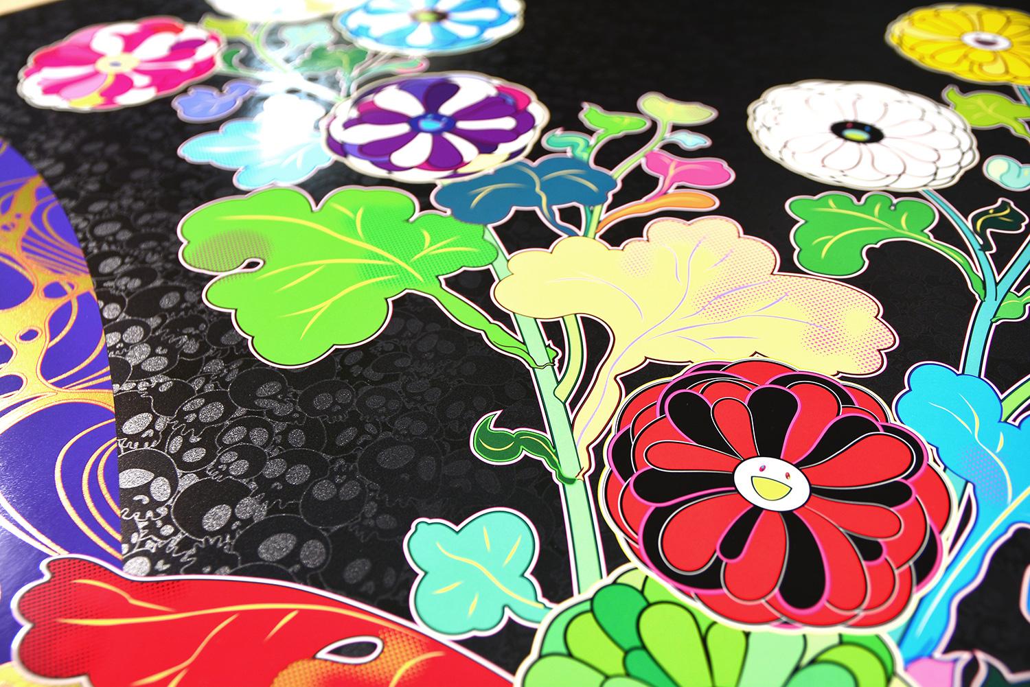 TAKASHI MURAKAMI A RETURN FROM WANDERING Pop Art, Japanische Blumen Silber Schwarz – Print von Takashi Murakami