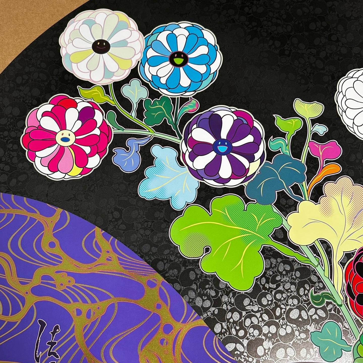 TAKASHI MURAKAMI A RETURN FROM WANDERING Pop Art, Japanese Flowers Silver Black 1