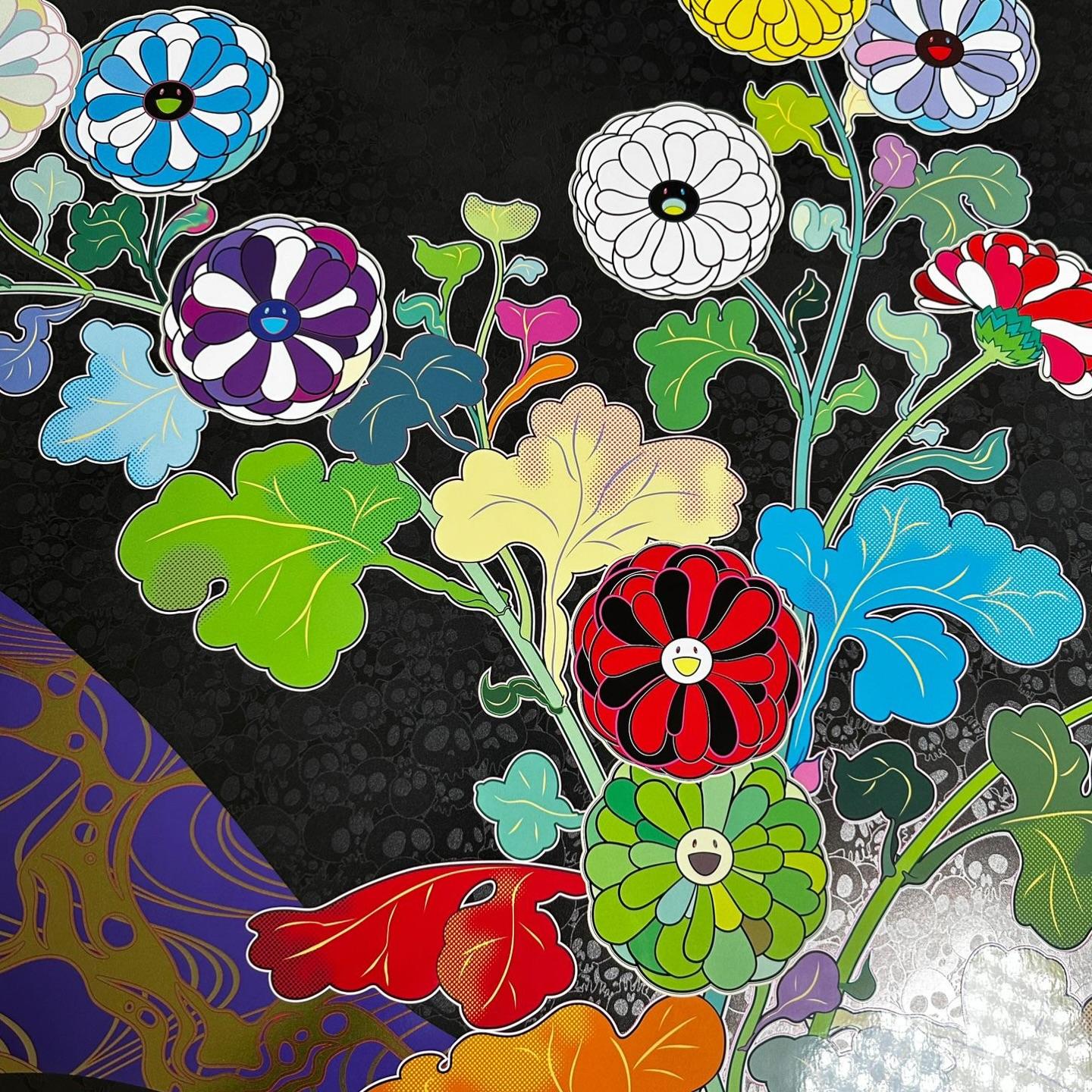 TAKASHI MURAKAMI A RETURN FROM WANDERING Pop Art, Japanese Flowers Silver Black 2