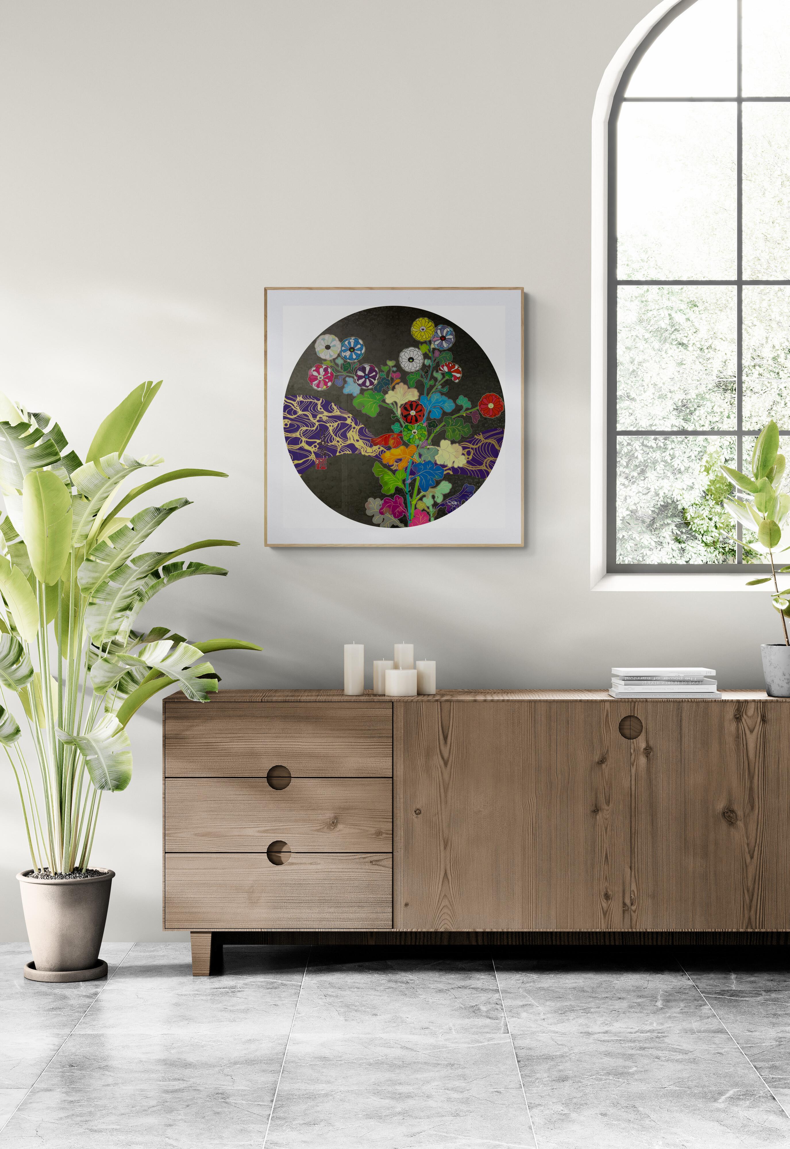 TAKASHI MURAKAMI A RETURN FROM WANDERING Pop Art, Japanische Blumen Silber Schwarz im Angebot 3