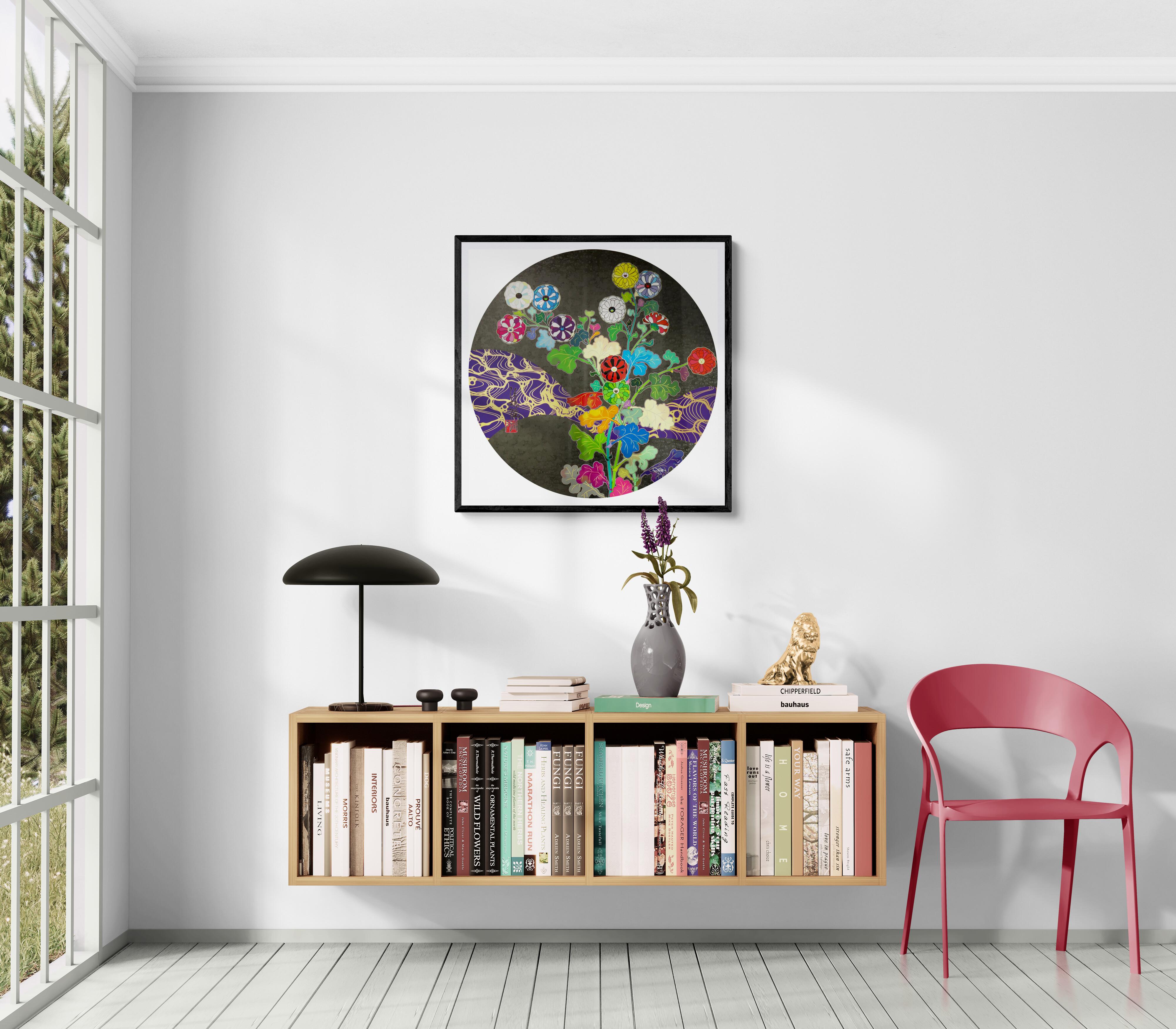 TAKASHI MURAKAMI A RETURN FROM WANDERING Pop Art, Japanische Blumen Silber Schwarz im Angebot 4