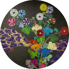 TAKASHI MURAKAMI A RETURN FROM WANDERING Pop Art, Japanese Flowers Silver Black