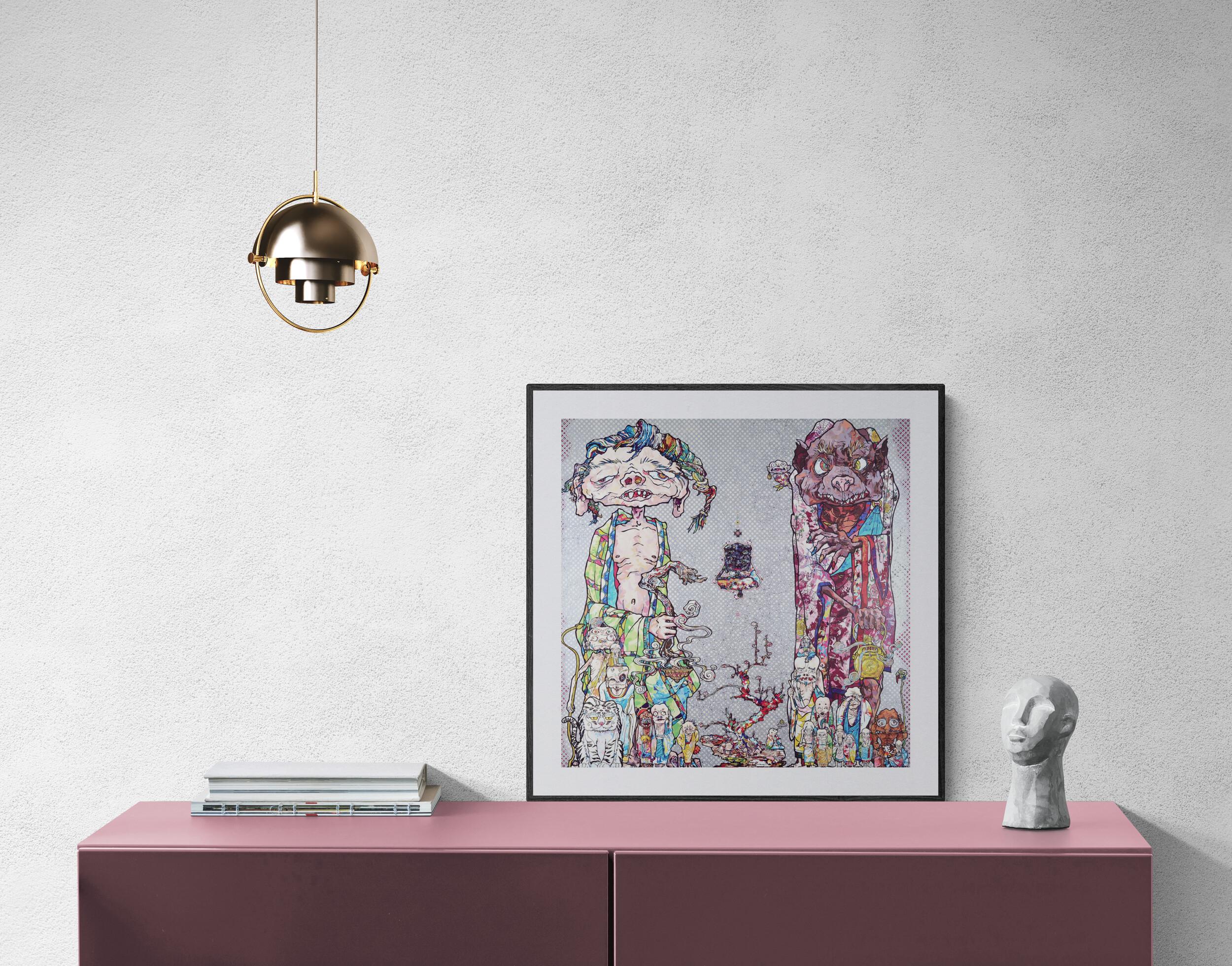 Takashi Murakami - Behold! Tis the Netherworld

Date of creation: 2016
Medium: Offset lithograph with silver on paper
Edition: 300
Size: 68 x 68 cm
Condition: In mint conditions, brand new and never framed
Description: Offset lithograph with silver