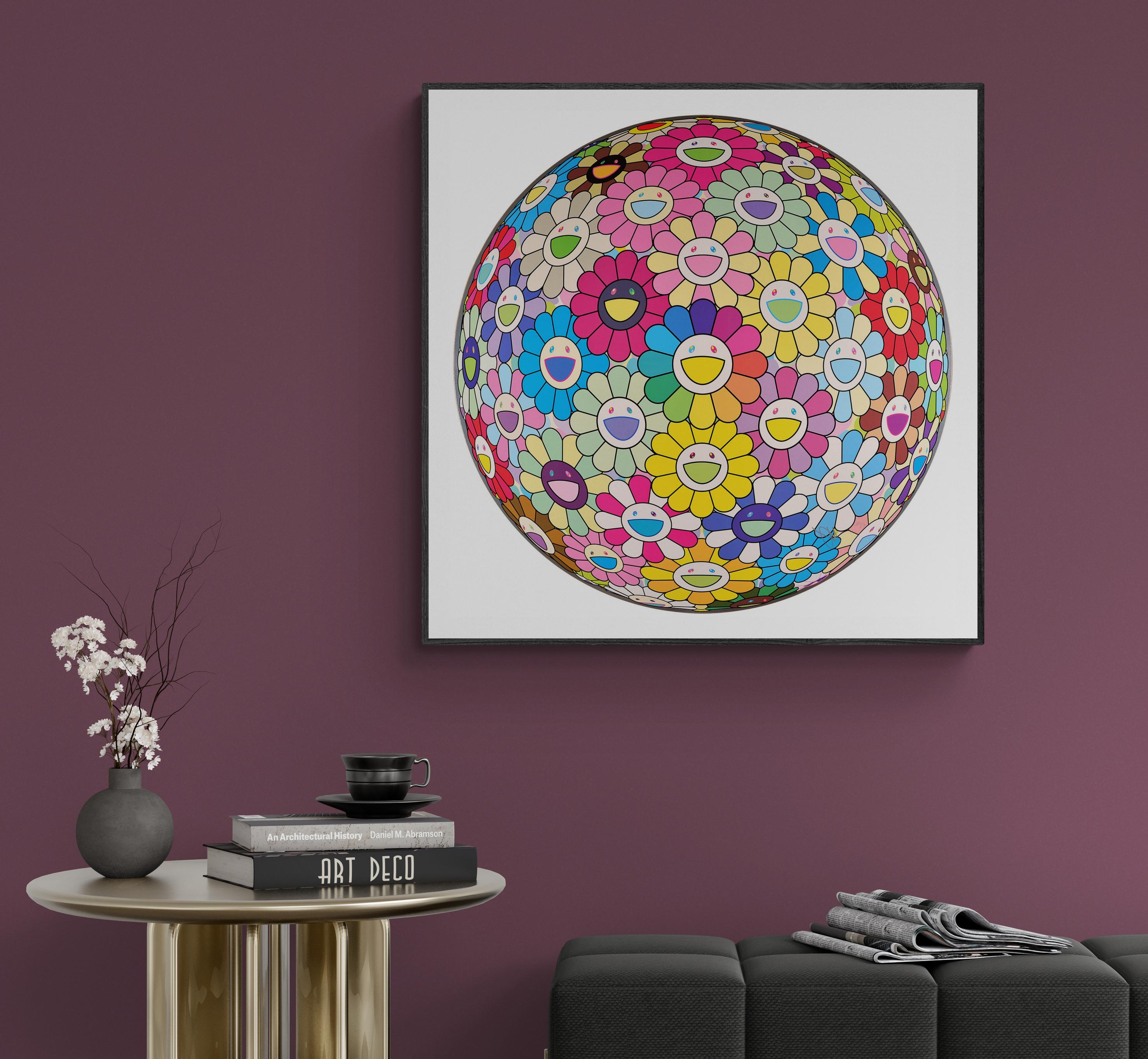 TAKASHI MURAKAMI - BURYING MY FACE IN THE FIELD OF FLOWERS
Date of creation: 2022
Medium: Offset lithograph with cold stamp and high gloss varnishing on paper
Edition number: 201/300
Size: 71 cm Ø
Condition: In mint conditions and never