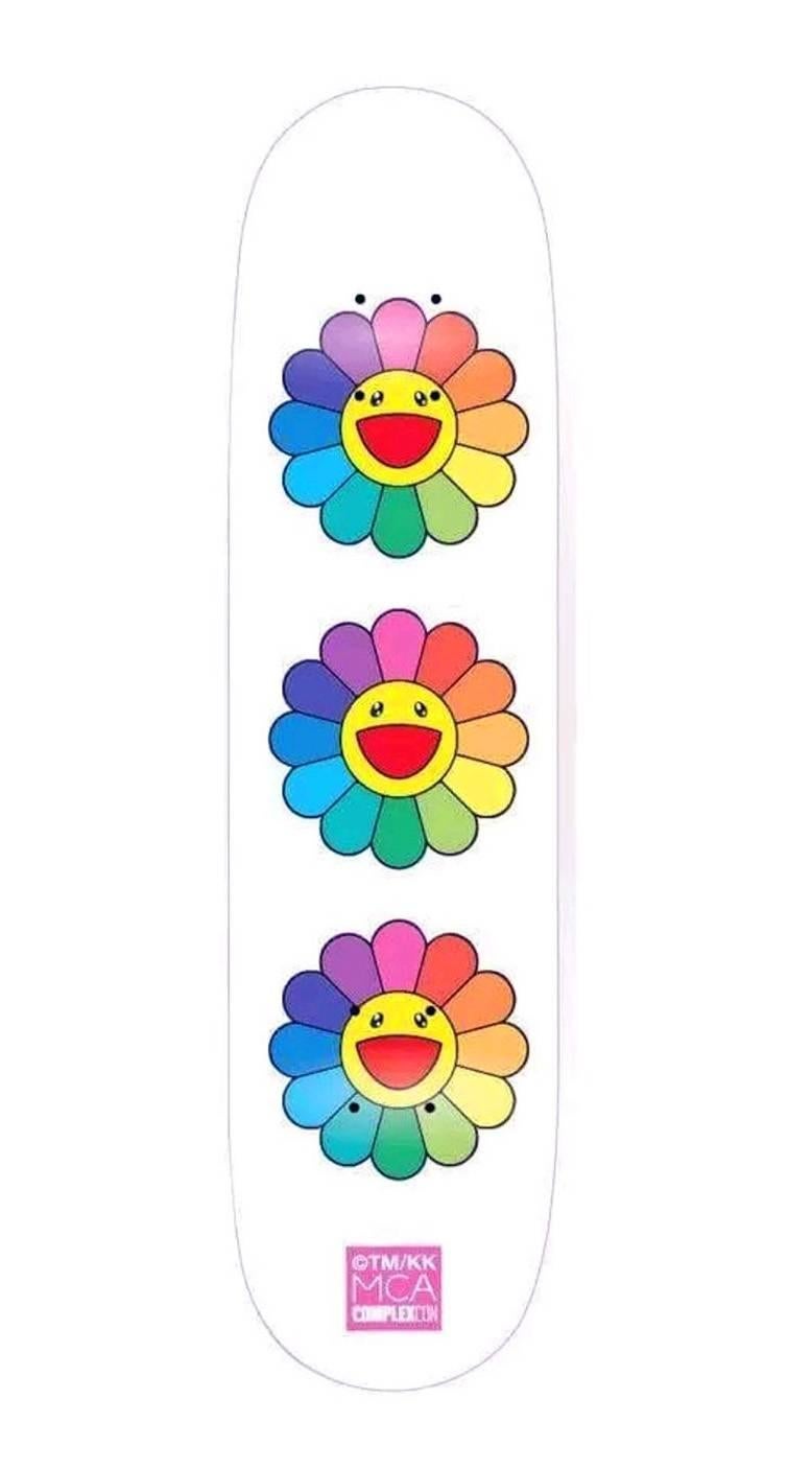 Takashi Murakami Flowers Skateboard Deck:
A vibrant piece of Takashi Murakami wall art produced as a limited series in conjunction with the 2017 Murakami exhibit: The Octopus Eats Its Own Leg, MCA Chicago. This deck is housed in its original
