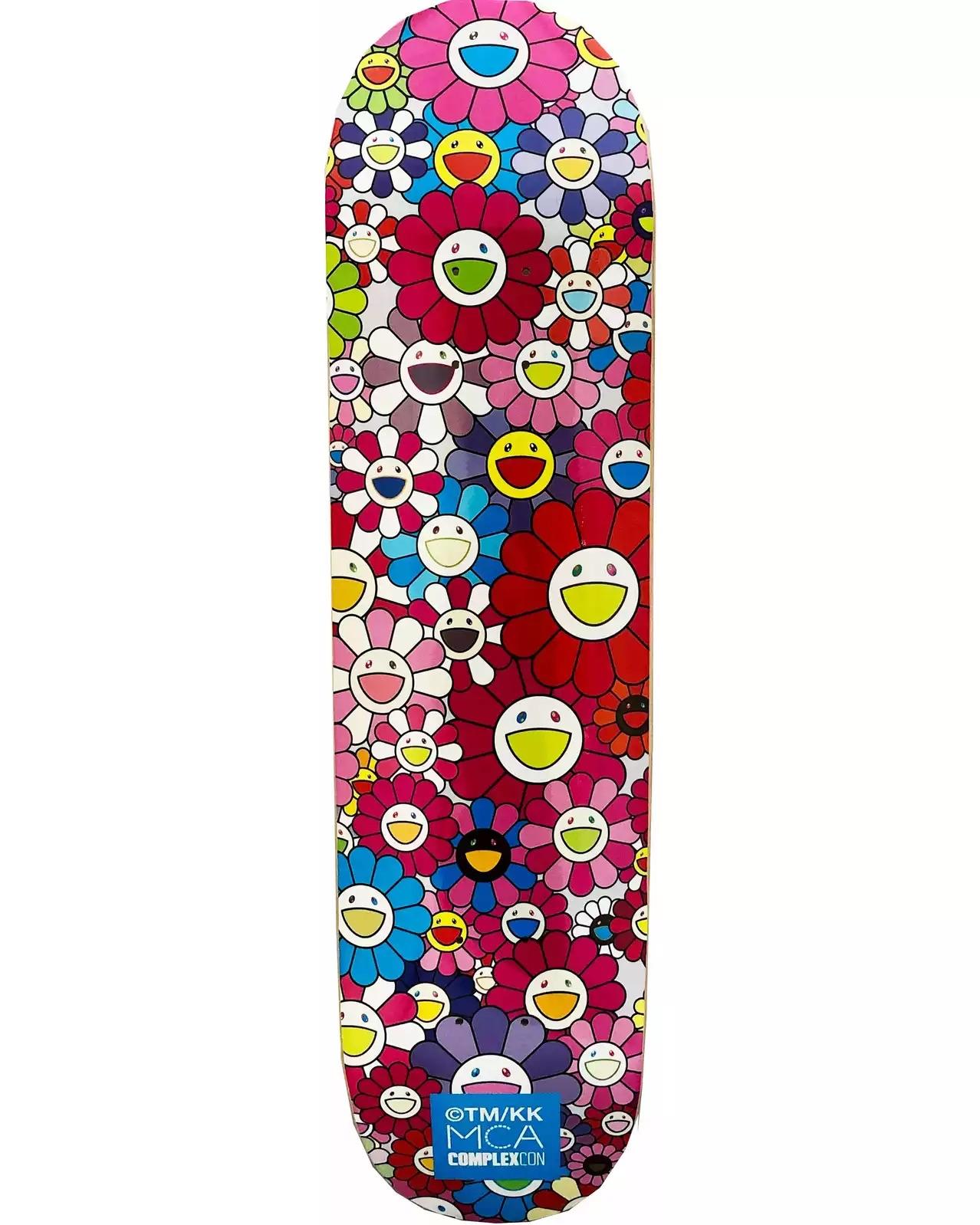 Takashi Murakami Flowers Skate Deck:
A vibrant piece of Takashi Murakami wall art produced as a limited series in conjunction with the 2017 Murakami exhibit: The Octopus Eats Its Own Leg, MCA Chicago. This deck is new in its original packaging. A