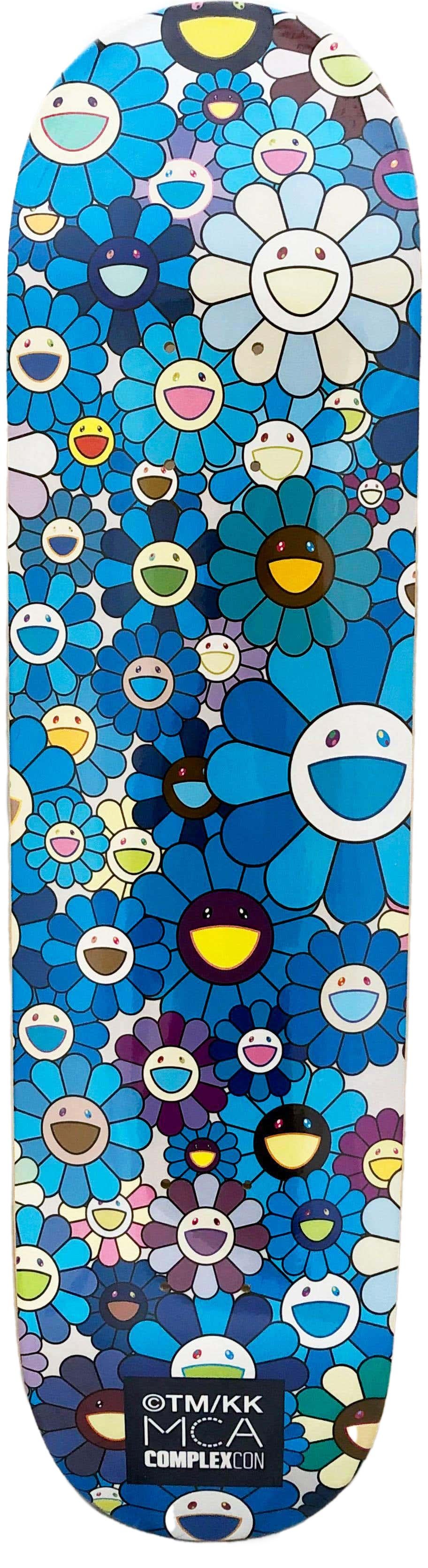 Takashi Murakami Flowers Skateboard Deck:
A vibrant piece of Takashi Murakami wall art produced as a limited series in conjunction with the 2017 Murakami exhibit: The Octopus Eats Its Own Leg, MCA Chicago. This deck is new in its original packaging.