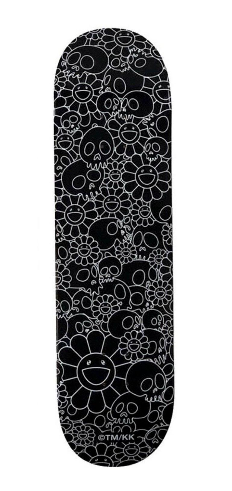 Takashi Murakami Flowers & Skulls Skateboard Deck (Black and White):
A vibrant piece of Takashi Murakami wall art produced as a limited series in 2018 in conjunction with Complexcon and Kaikai Kiki co. This deck is new in its original packaging.