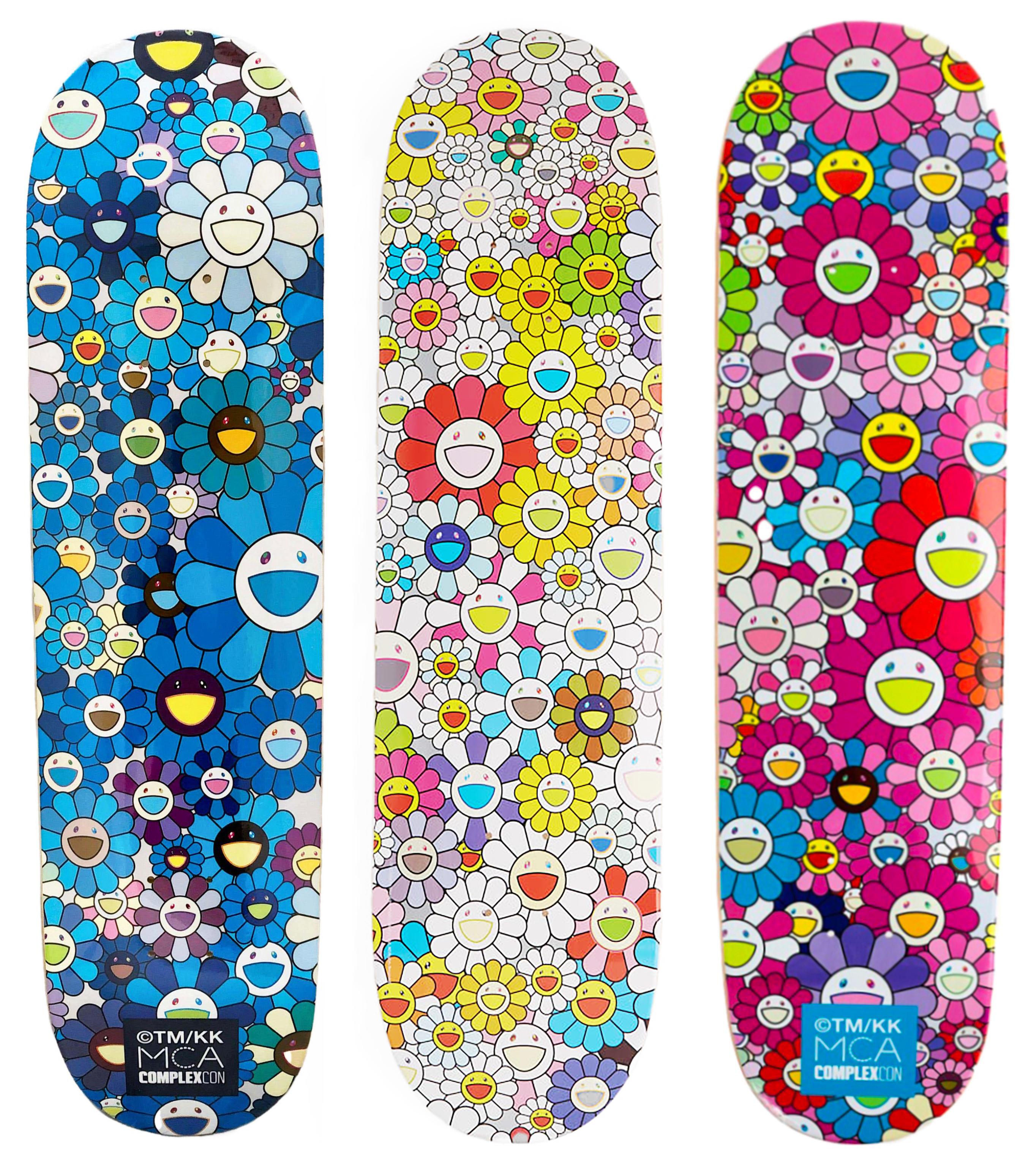 Takashi Murakami Flowers Skateboard Decks: set of 3 works:
Vibrant Takashi Murakami wall art produced as a limited series in conjunction with the 2017 Murakami exhibit: The Octopus Eats Its Own Leg, MCA Chicago (blue & pink) & Vans in 2015 (yellow