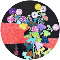 TAKASHI MURAKAMI : KANSEI : KORIN RED STREAM - Fleurs de pop japonaises rouge et noires