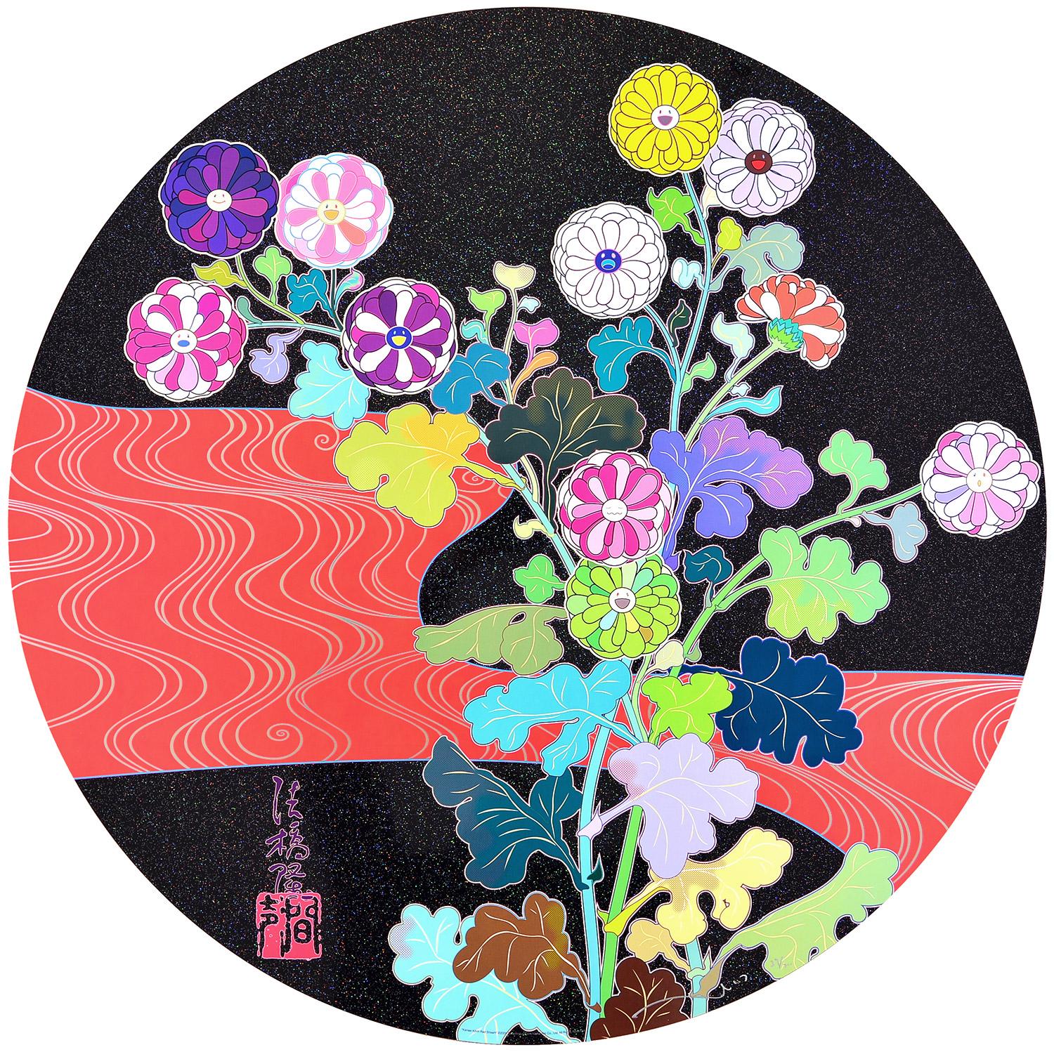TAKASHI MURAKAMI: KANSEI: KORIN RED STREAM Fiori pop giapponesi rosso nero