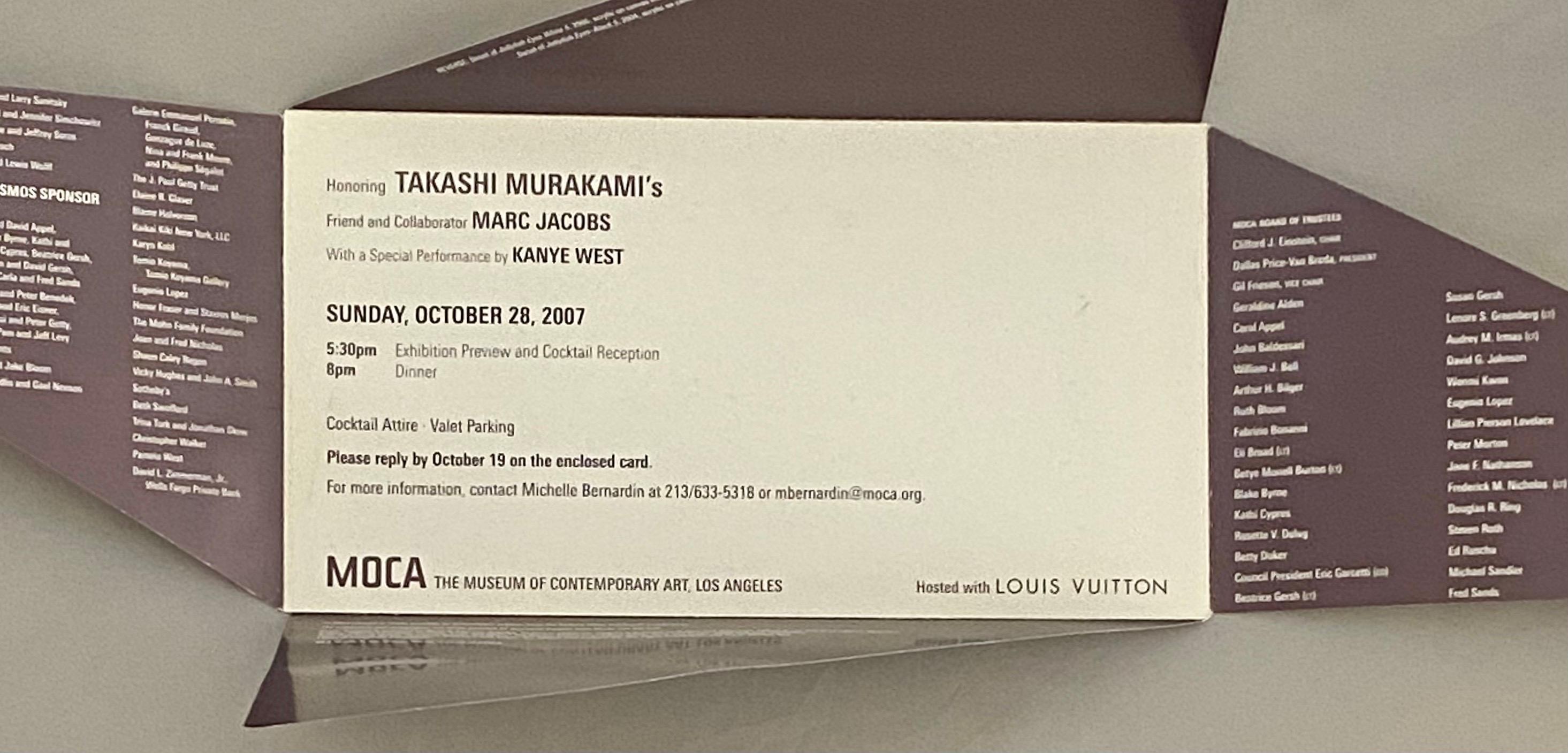 Takashi Murakami, Kanye West, Louis Vuitton; Los Angeles 2007 (Murakami Gala): 
Rare folding invitation published on the occasion of a 2007 reception honoring Takashi Murakami and fashion icon Marc Jacobs with a special performance by Kanye West;