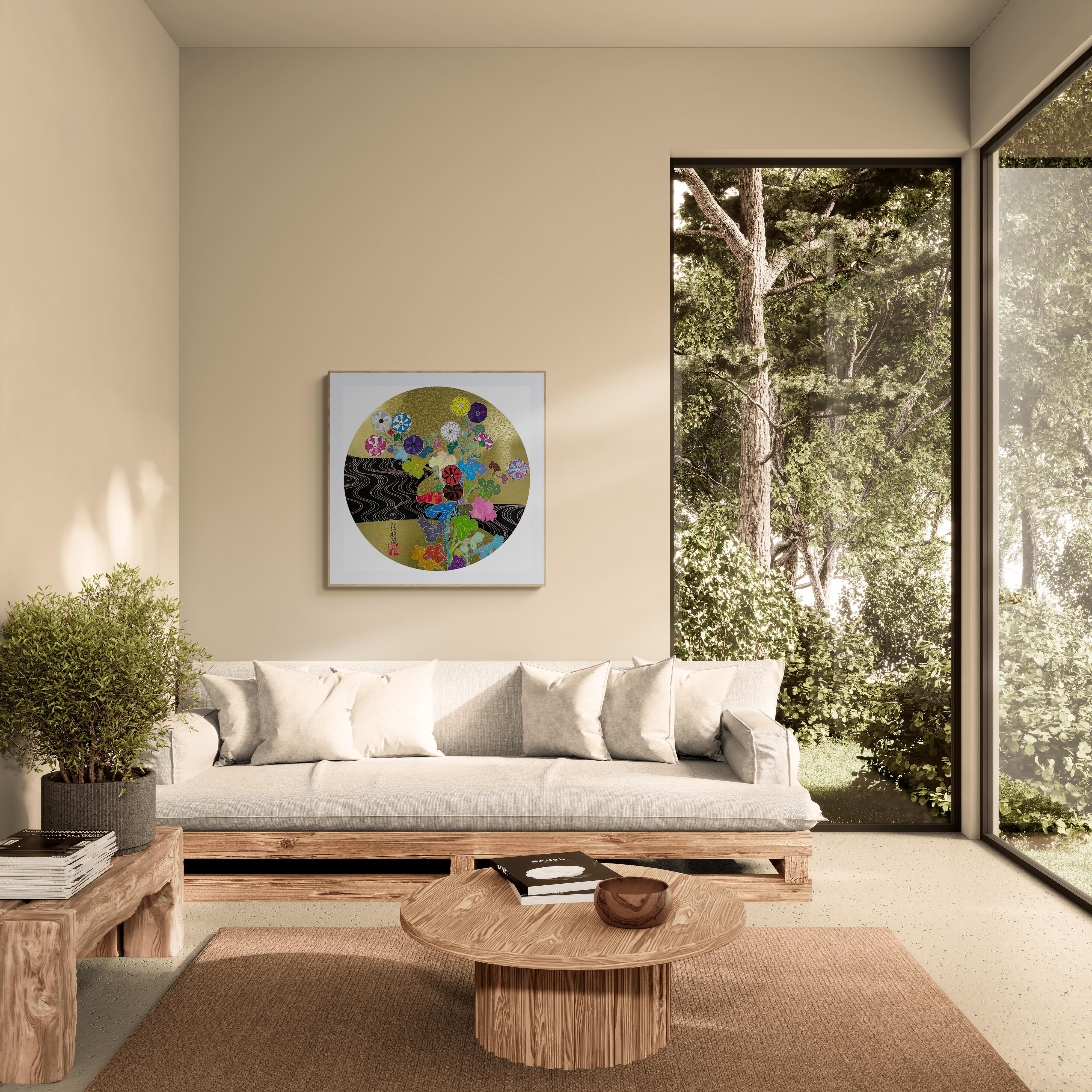 TAKASHI MURAKAMI - KÕRIN THE GOLDEN RIVER Pop Art, Japanese Flowers Silver Black - Print by Takashi Murakami