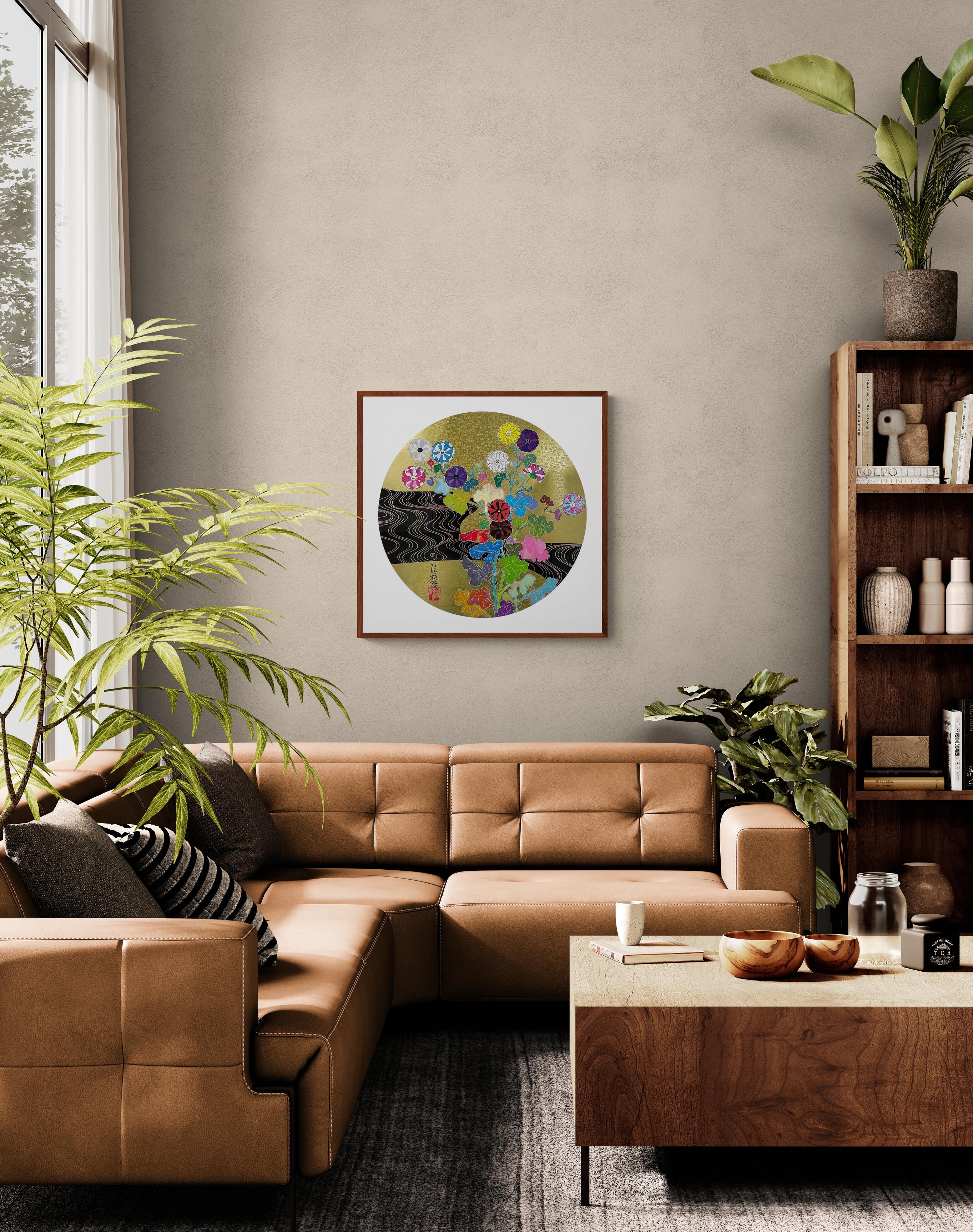 TAKASHI MURAKAMI - KÕRIN THE GOLDEN RIVER Pop Art, Japanese Flowers Silver Black - Brown Figurative Print by Takashi Murakami